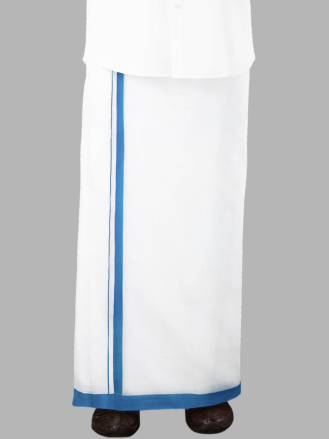 Men Blue Fancy Border Double Layer White Dhoti RS03