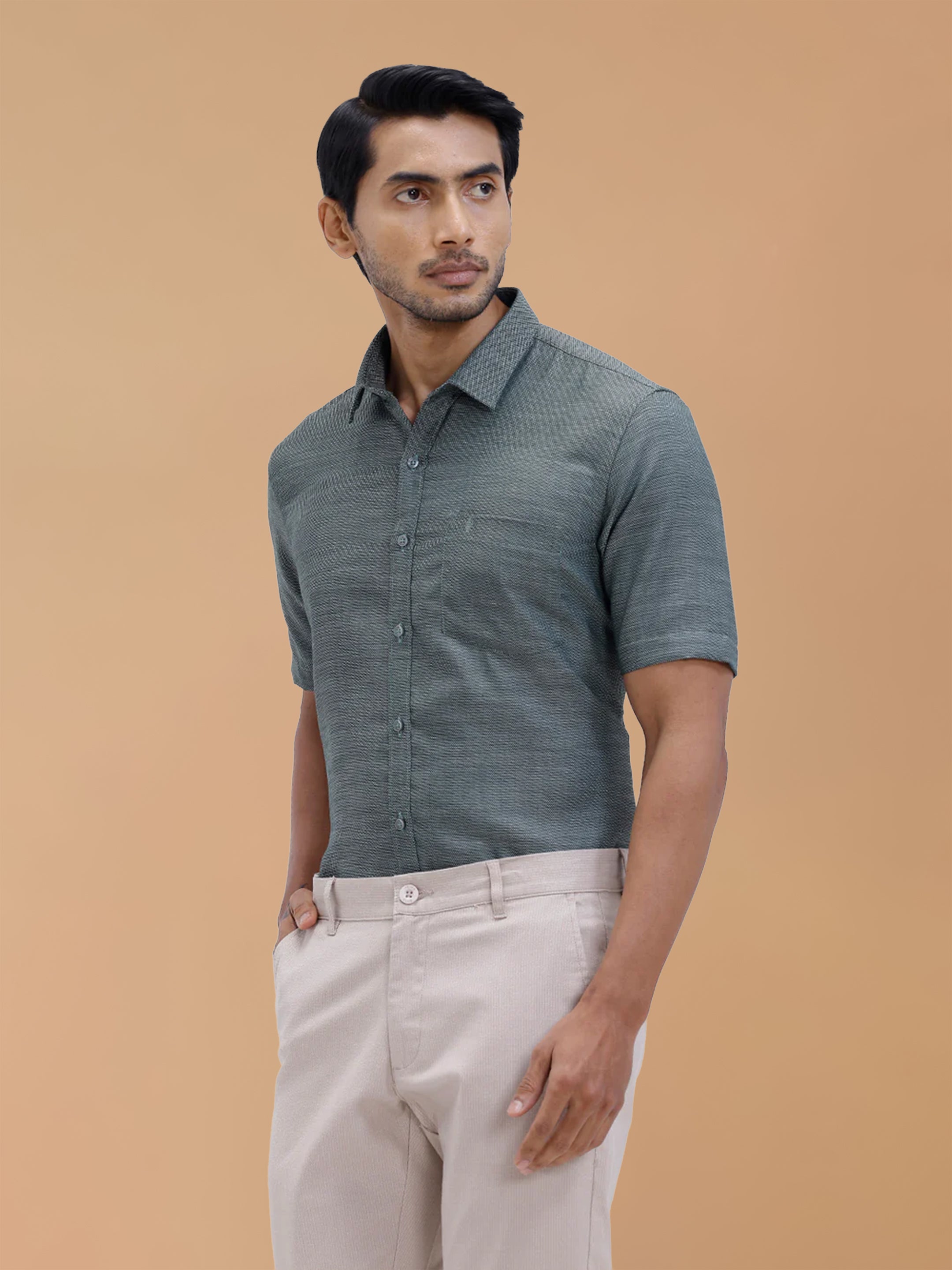 Cotton Rich Green Dobby Regular Fit Shirt T59 AIT3