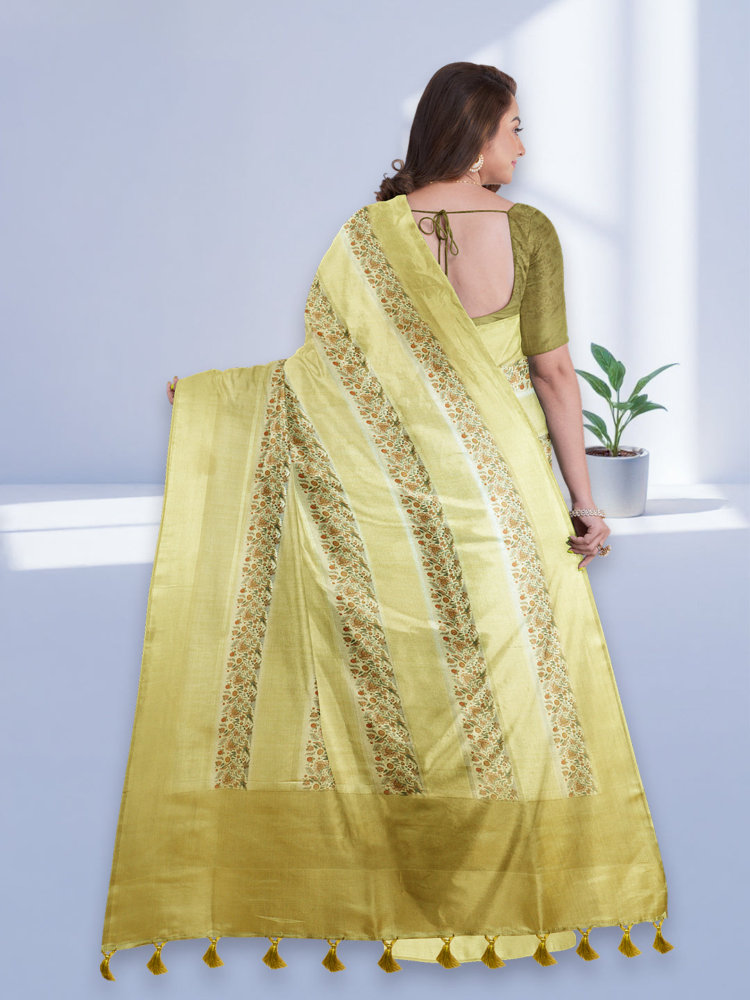Women Yellow Semi Tussar Printed Saree ST280