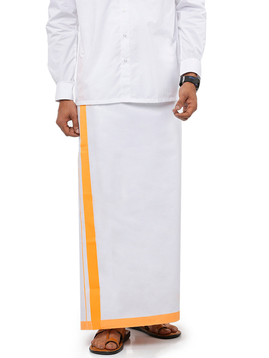 Mens White Double Dhoti with Yellow Border Redfort Special