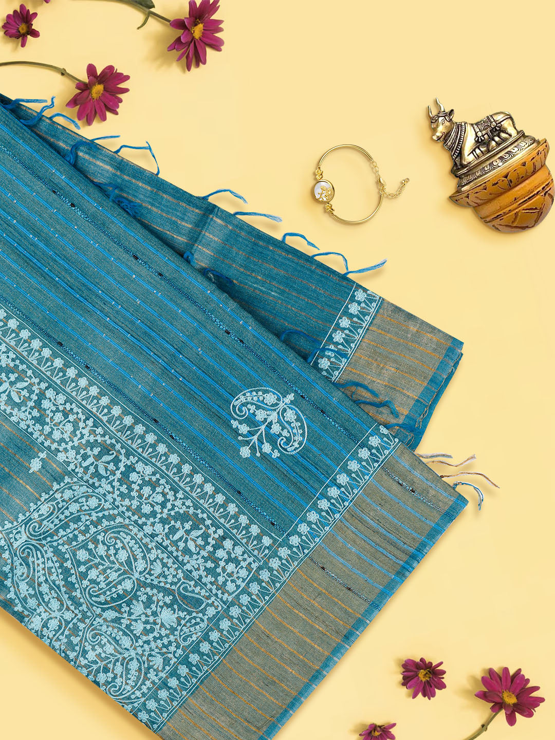 Women Elegant Blue Colour Pure Tussar Embroidery Saree PTP02-View three