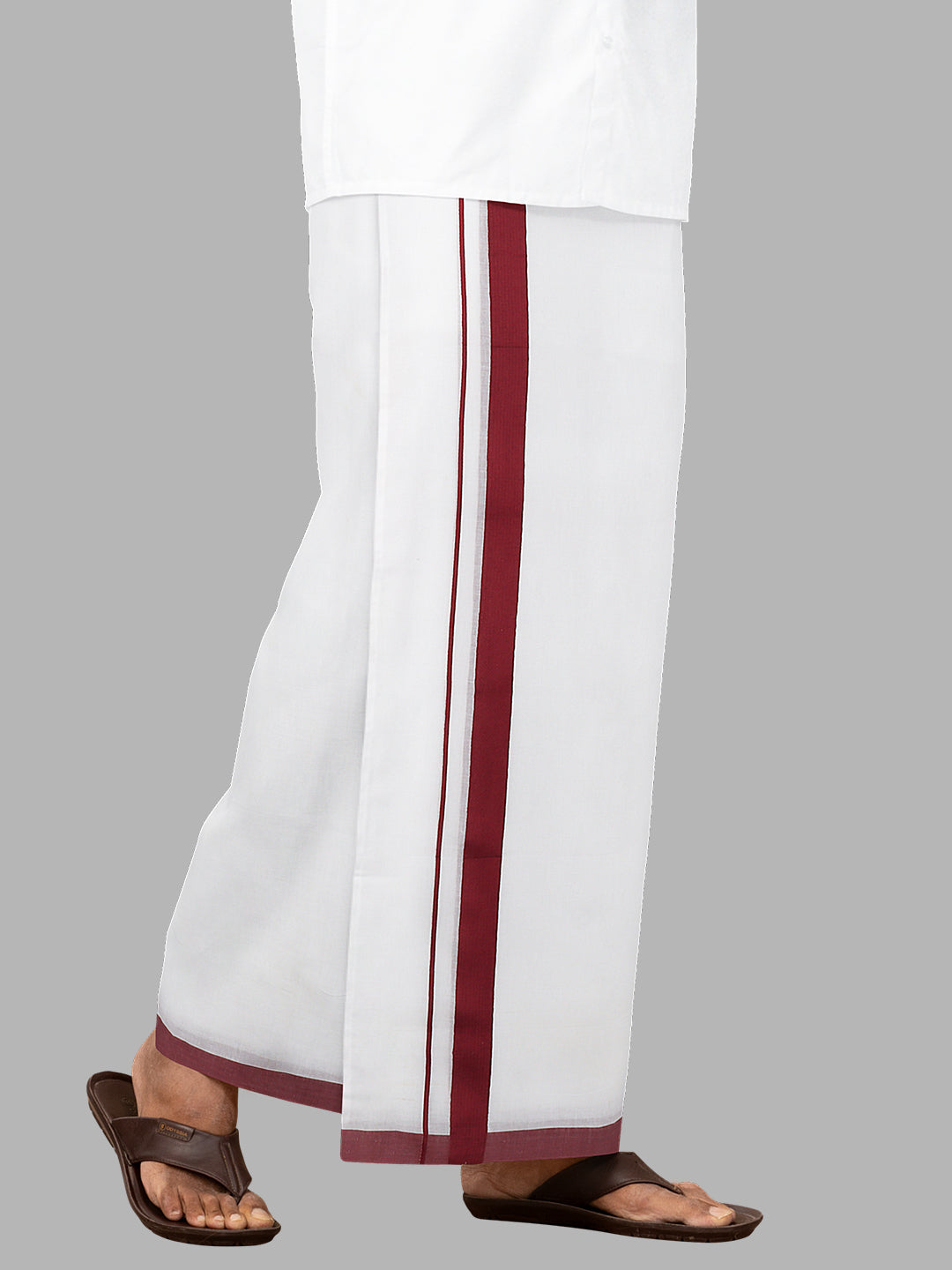 Men Maroon Fancy Border Double Layer White Dhoti SSS03