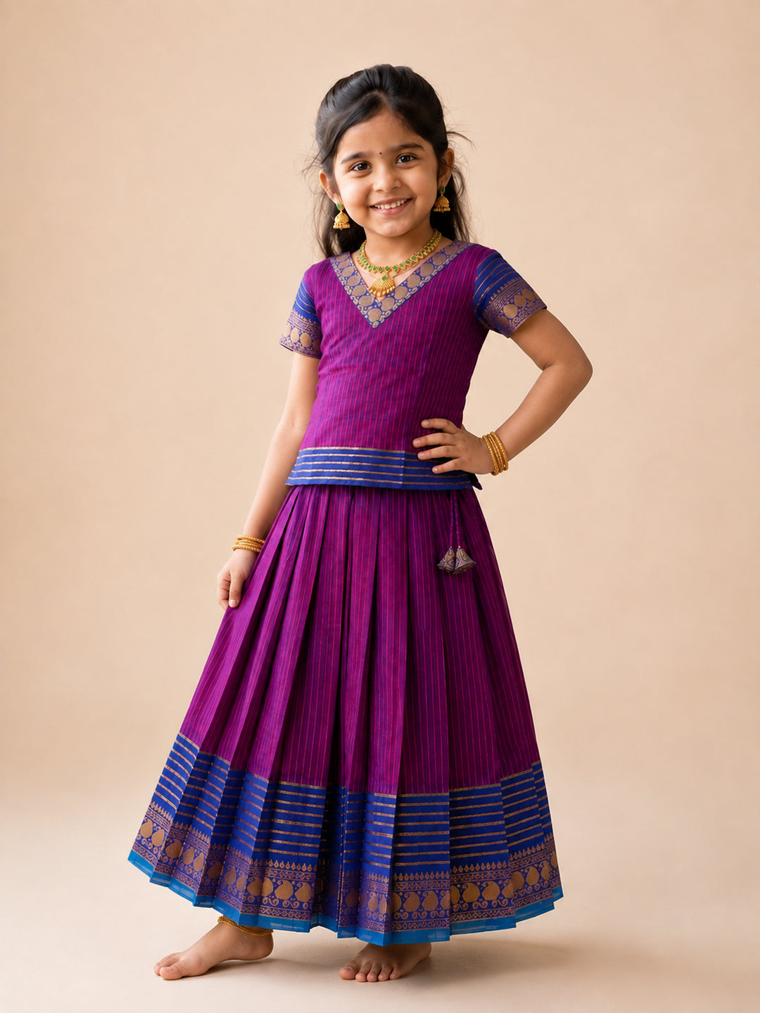 Girls Cotton Purple Pattu Pavadai Set GPS56