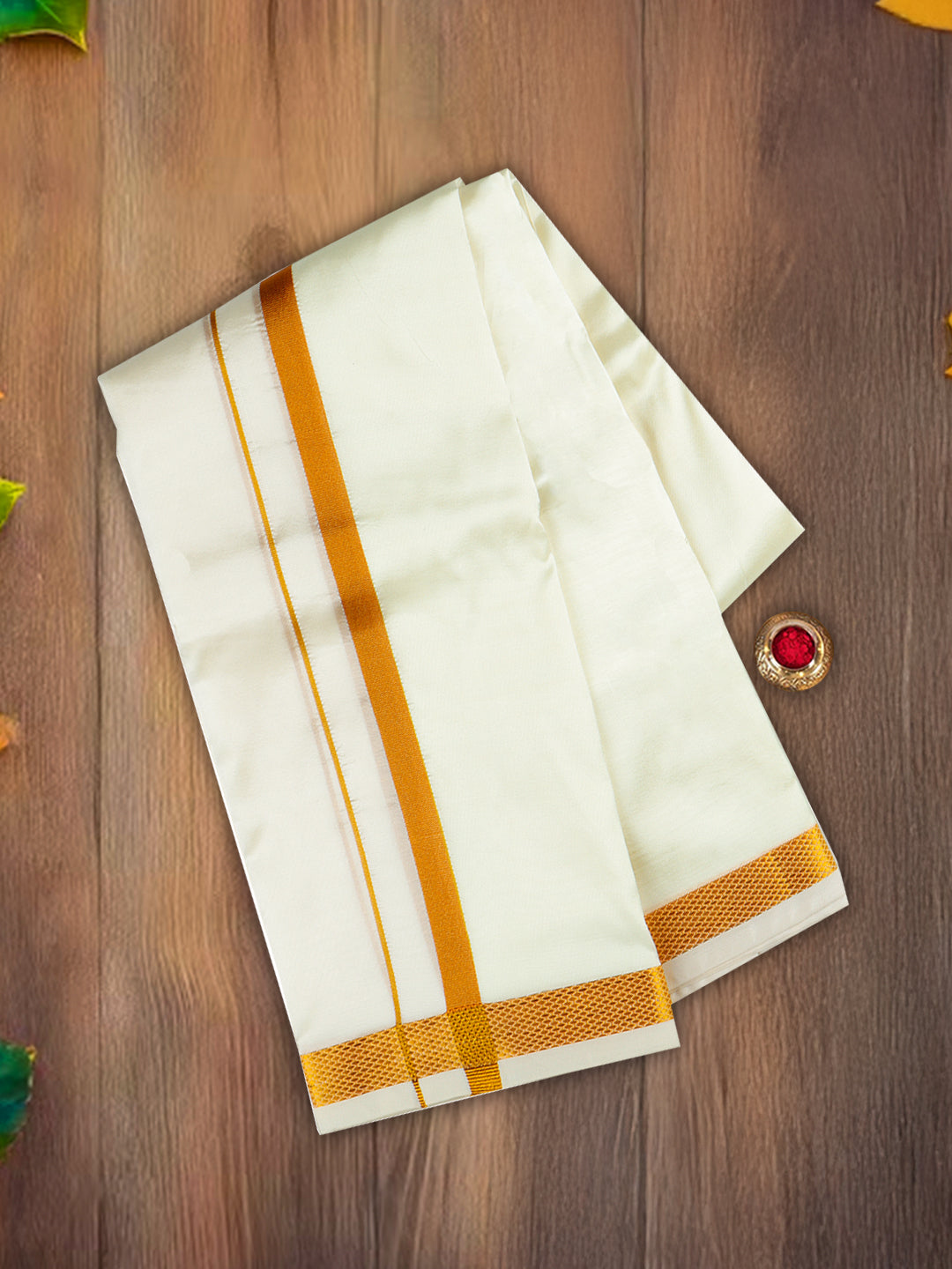 Men Cream with 3/4'' inch Gold Jari Border Double Layer Dhoti & Towel Set Iswaryam