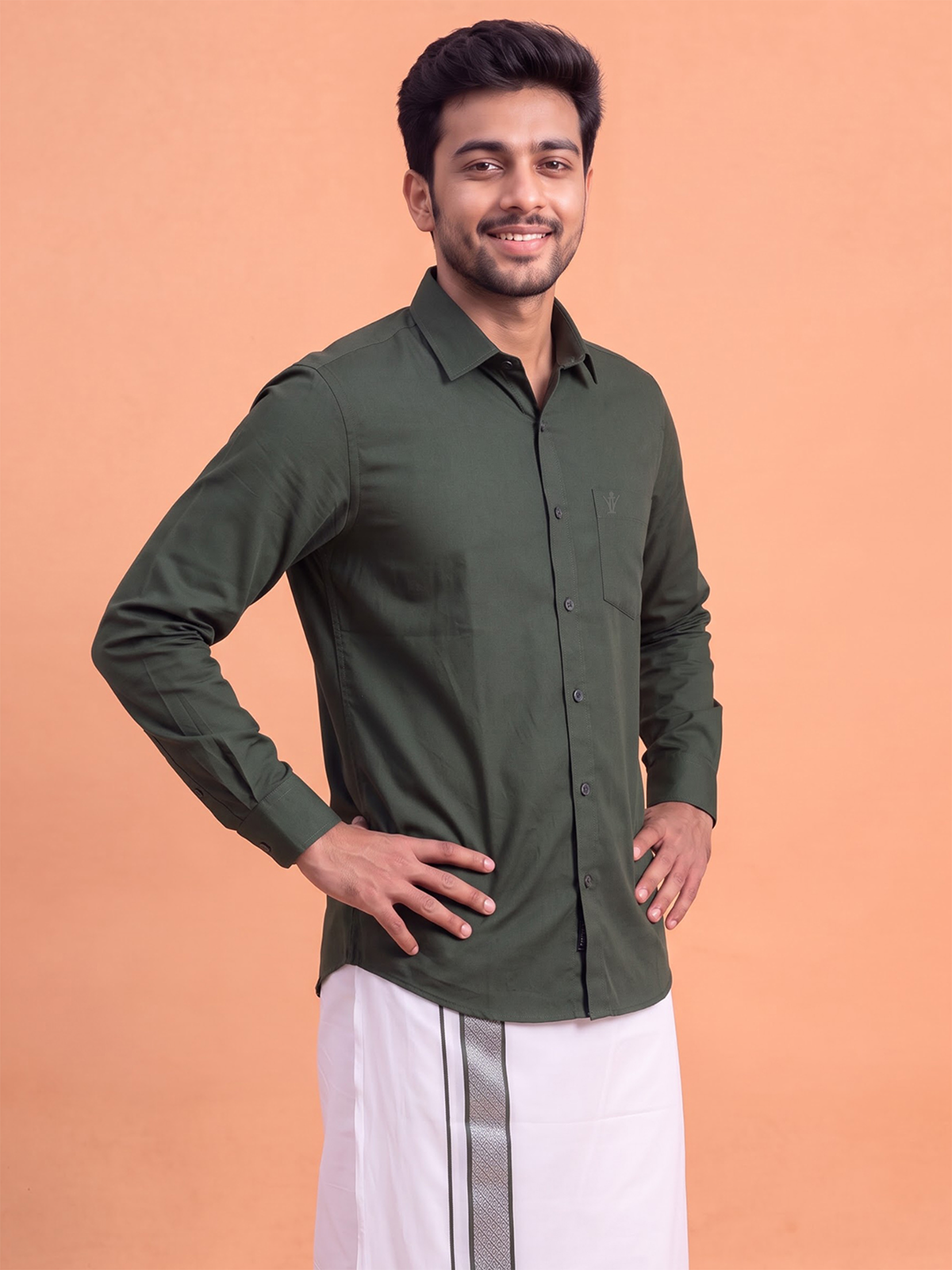 100% Cotton Dark Green Shirt and Colour Jari Border Dhoti Set BT10