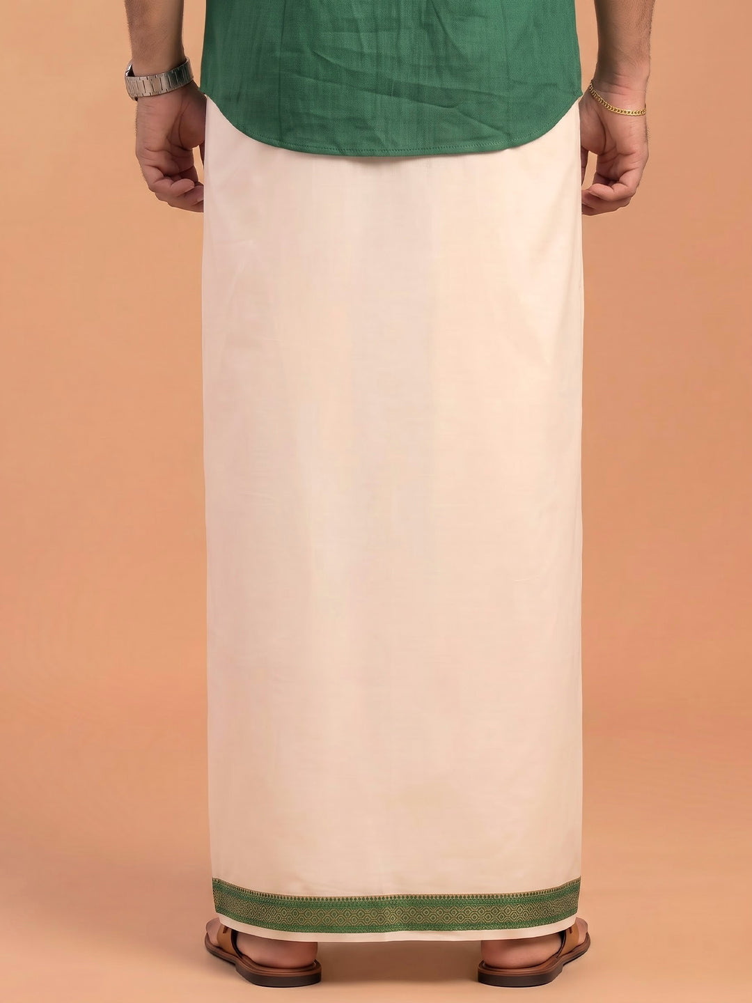 Double Layer 100% Cotton Cream Kora Dhoti with Colour Jari Border - CF02