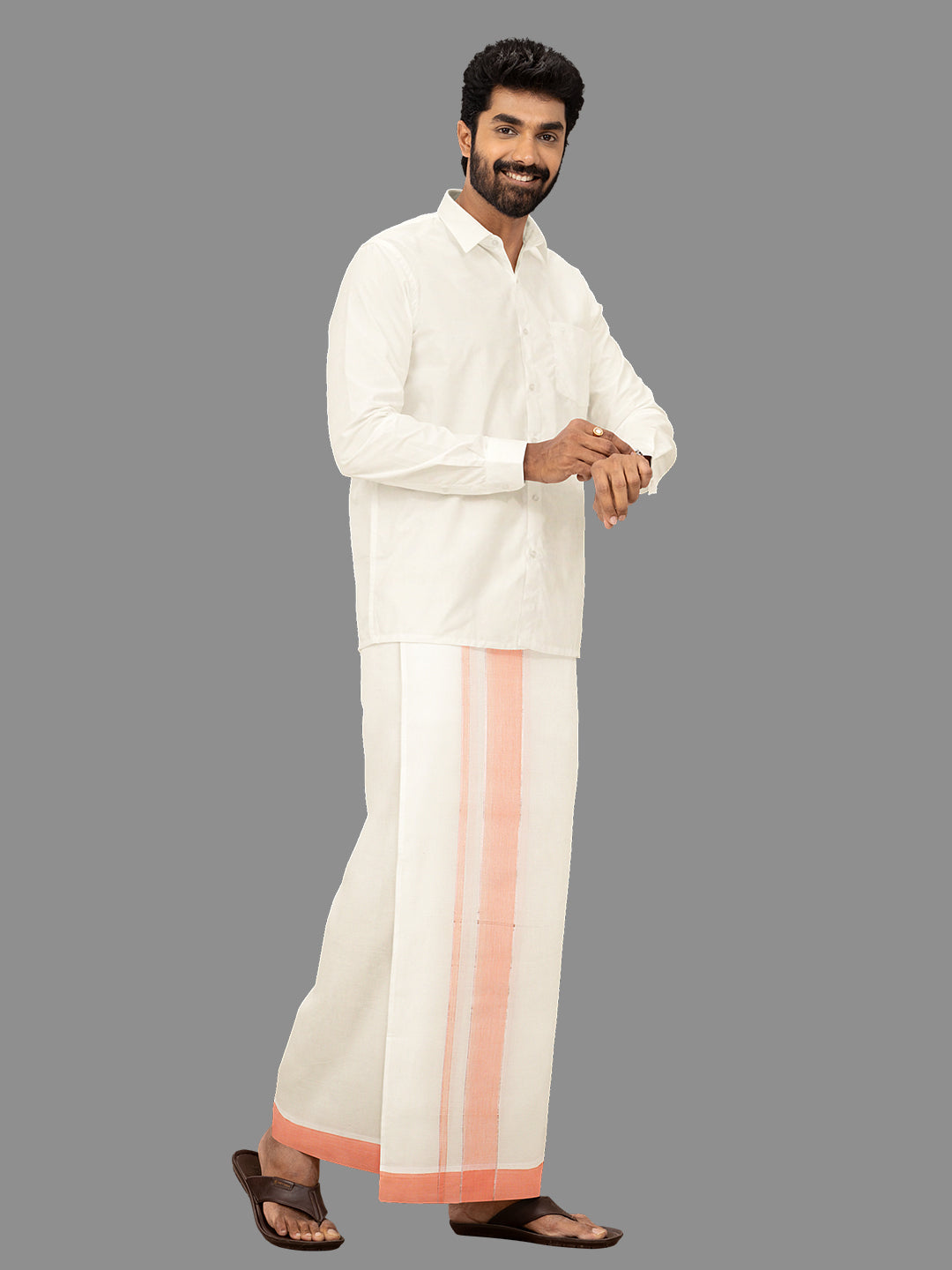 Men Orange Fancy Jari Border Kora Double Dhoti Harmony Fancy