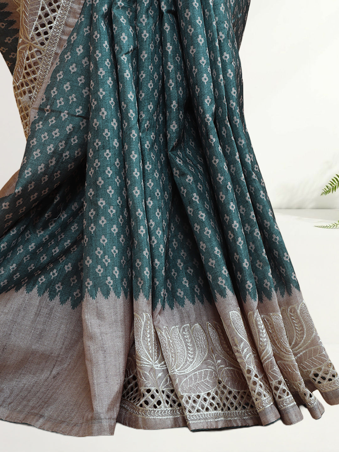 Women Teal Blue Semi Tussar Saree ST274