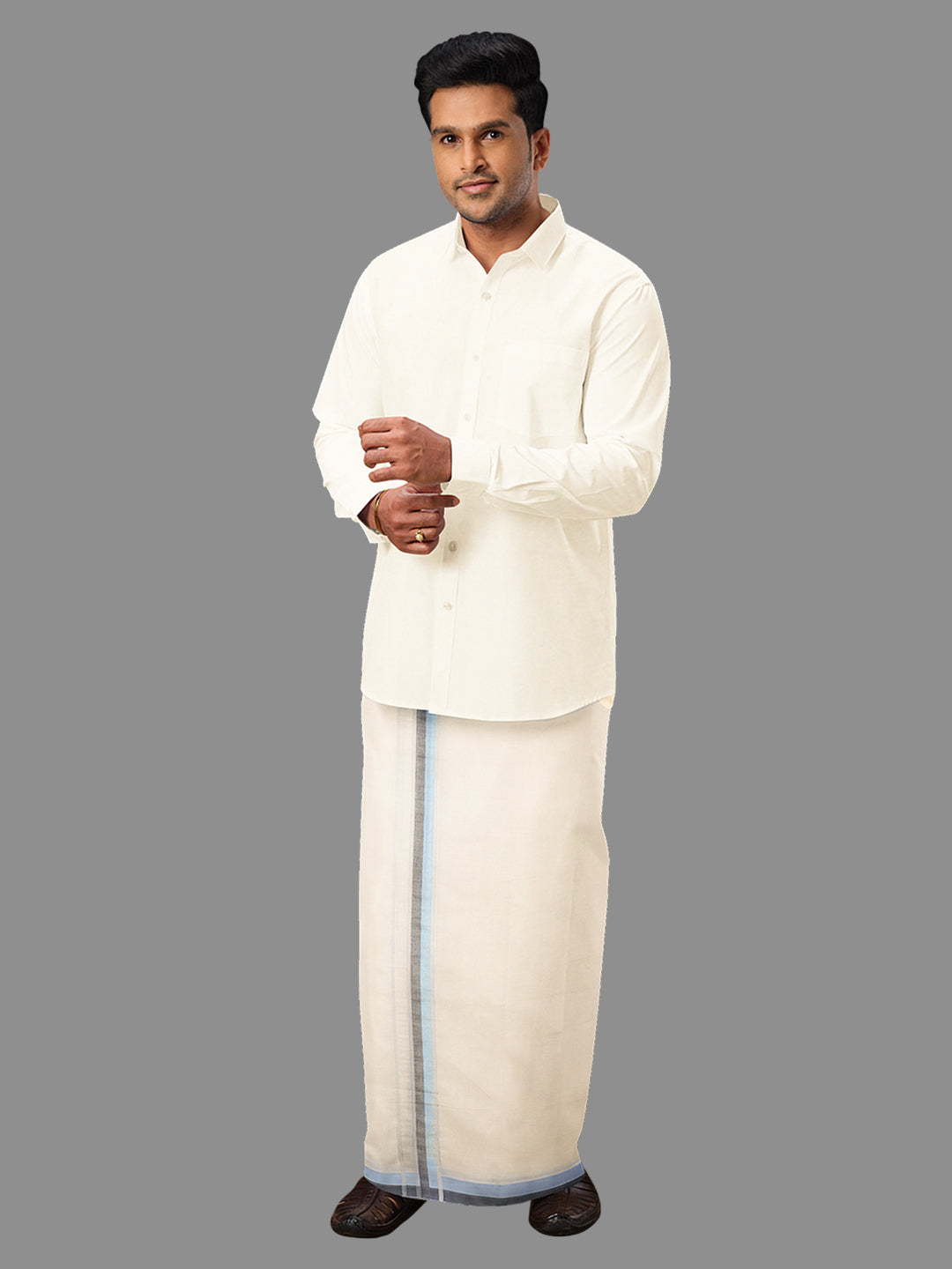 Men Blue Fancy Jari Border Kora Double Dhoti Harmony Fancy