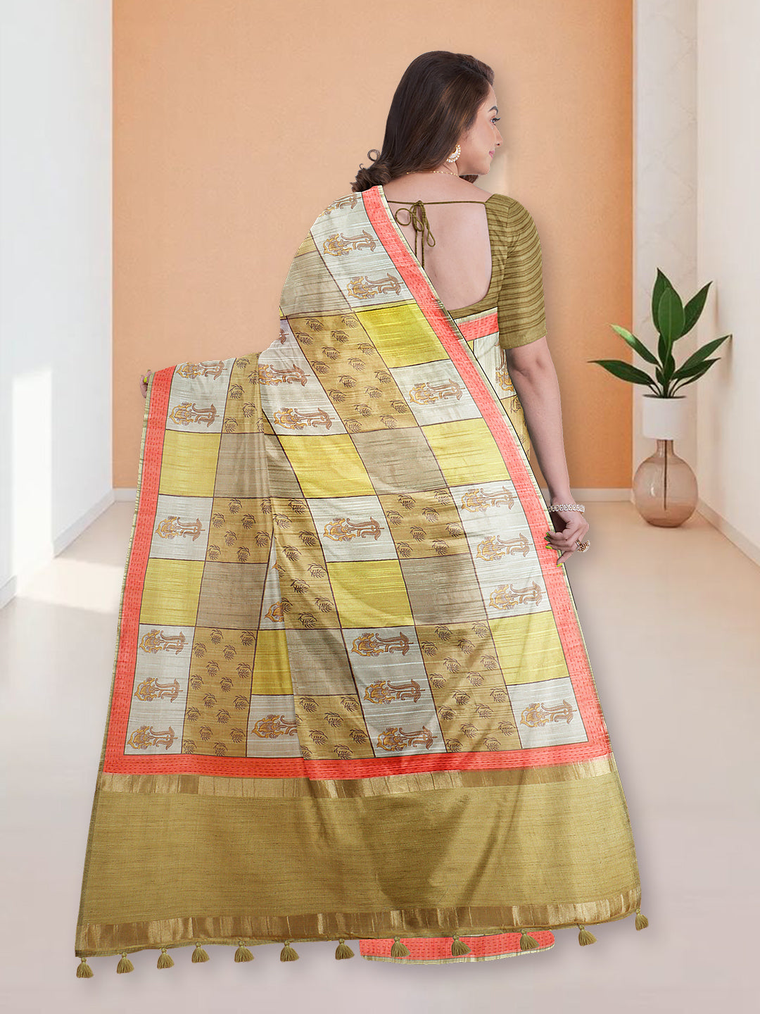 Women Mustard Yellow Semi Tussar Printed Saree ST296