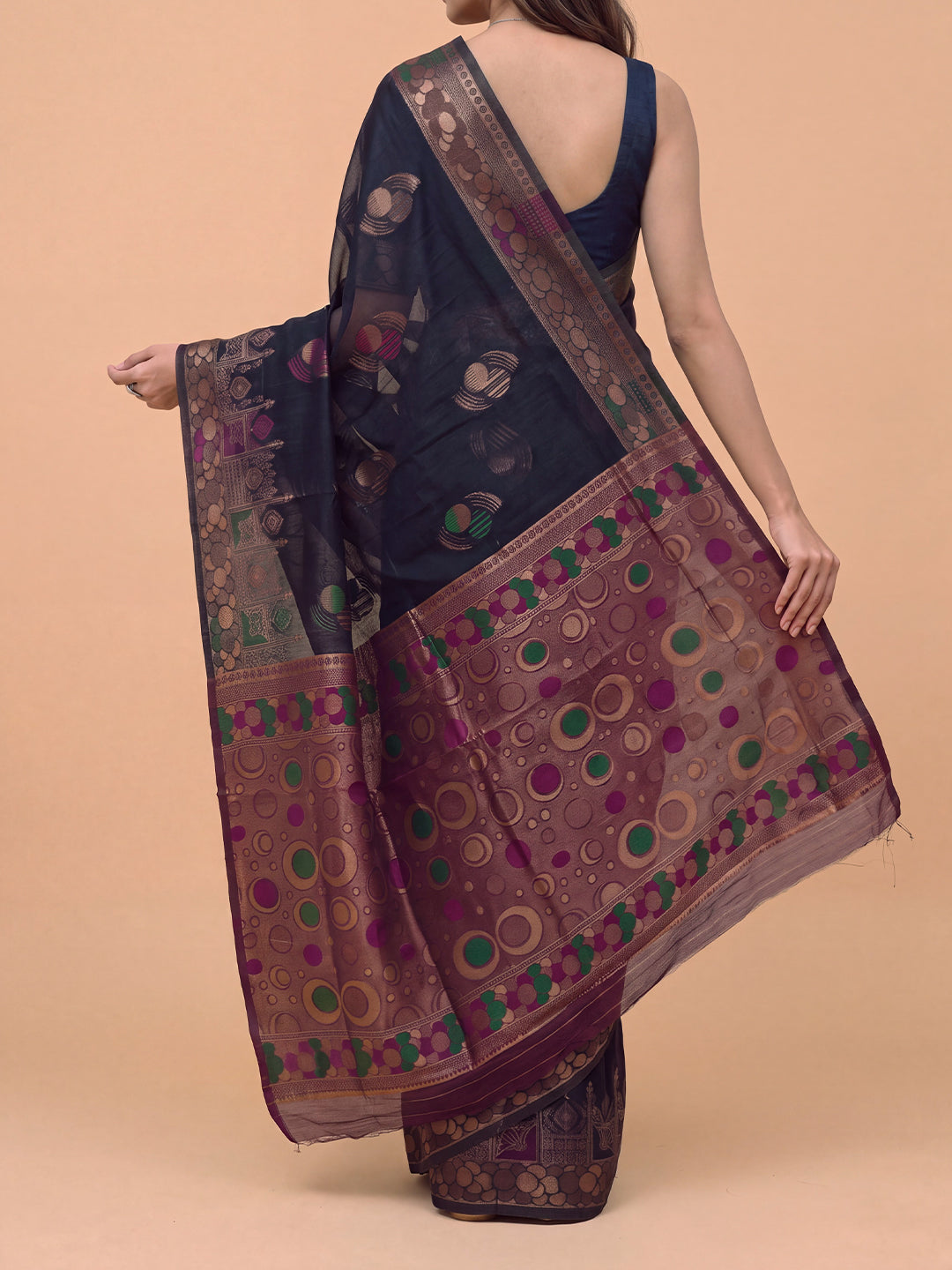 Women Spun Poly Navy Blue Printed Saree SP14