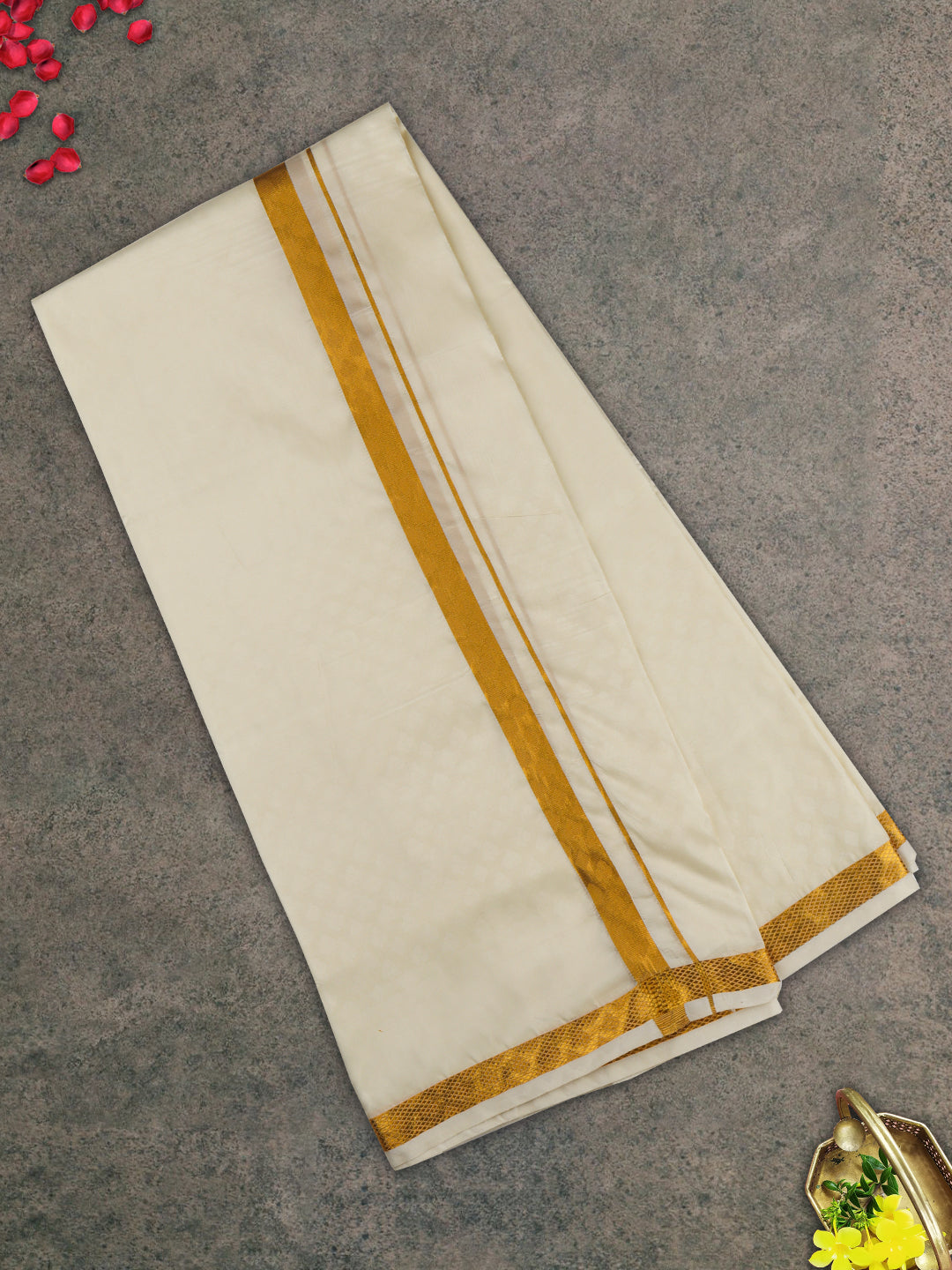 Men Gold Border Double Dhoti & Towel Set Ishwaryam Embose