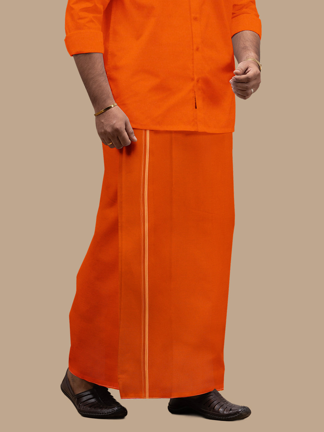 Men Assorted Border Readymade Single Dhoti Orange