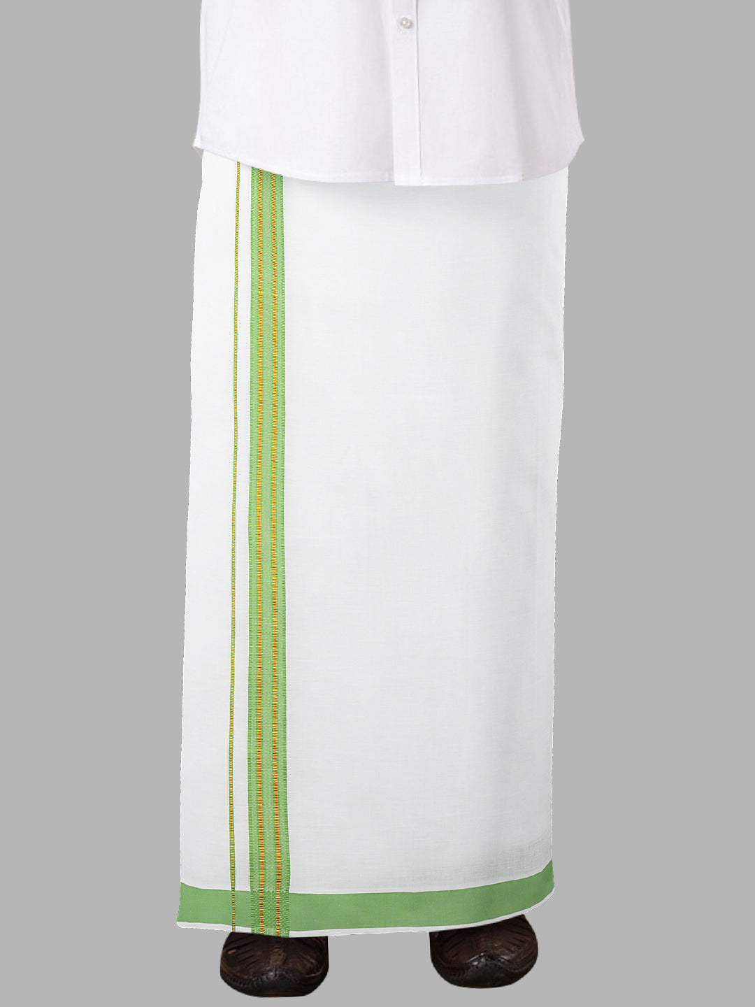 Men White with Green Fancy Border Readymade Pocket Single Layer Dhoti GACJ12