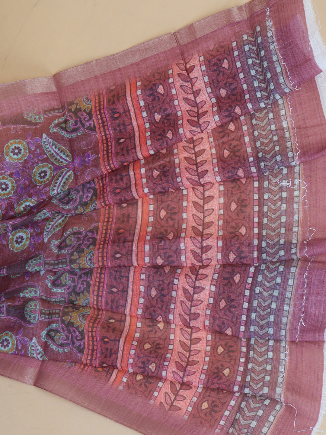 Women Peach with Pink Semi Linen Saree SL218