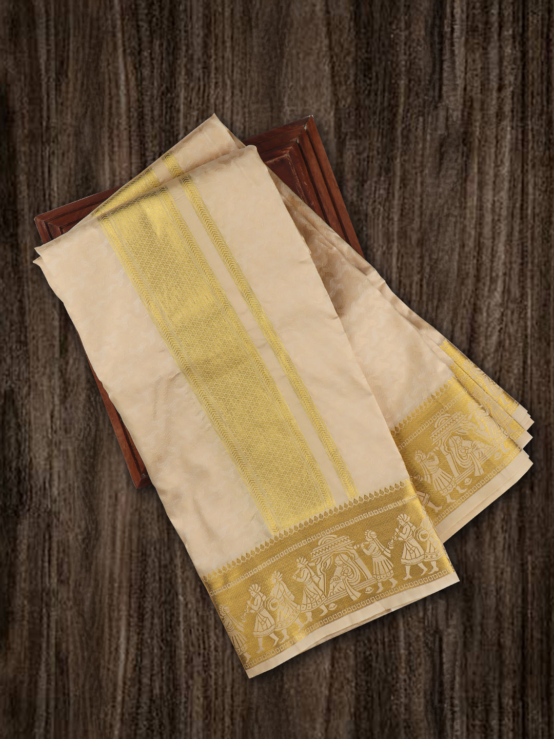 Men's 3 in1 Art Silk Gold Dhoti & Shirting Set Mangalakara MMC09