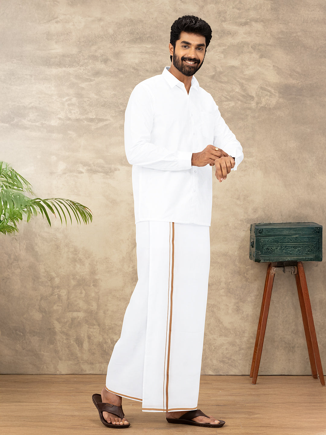 Men 100% Cotton Single Layer White Dhoti with Small Border PN01