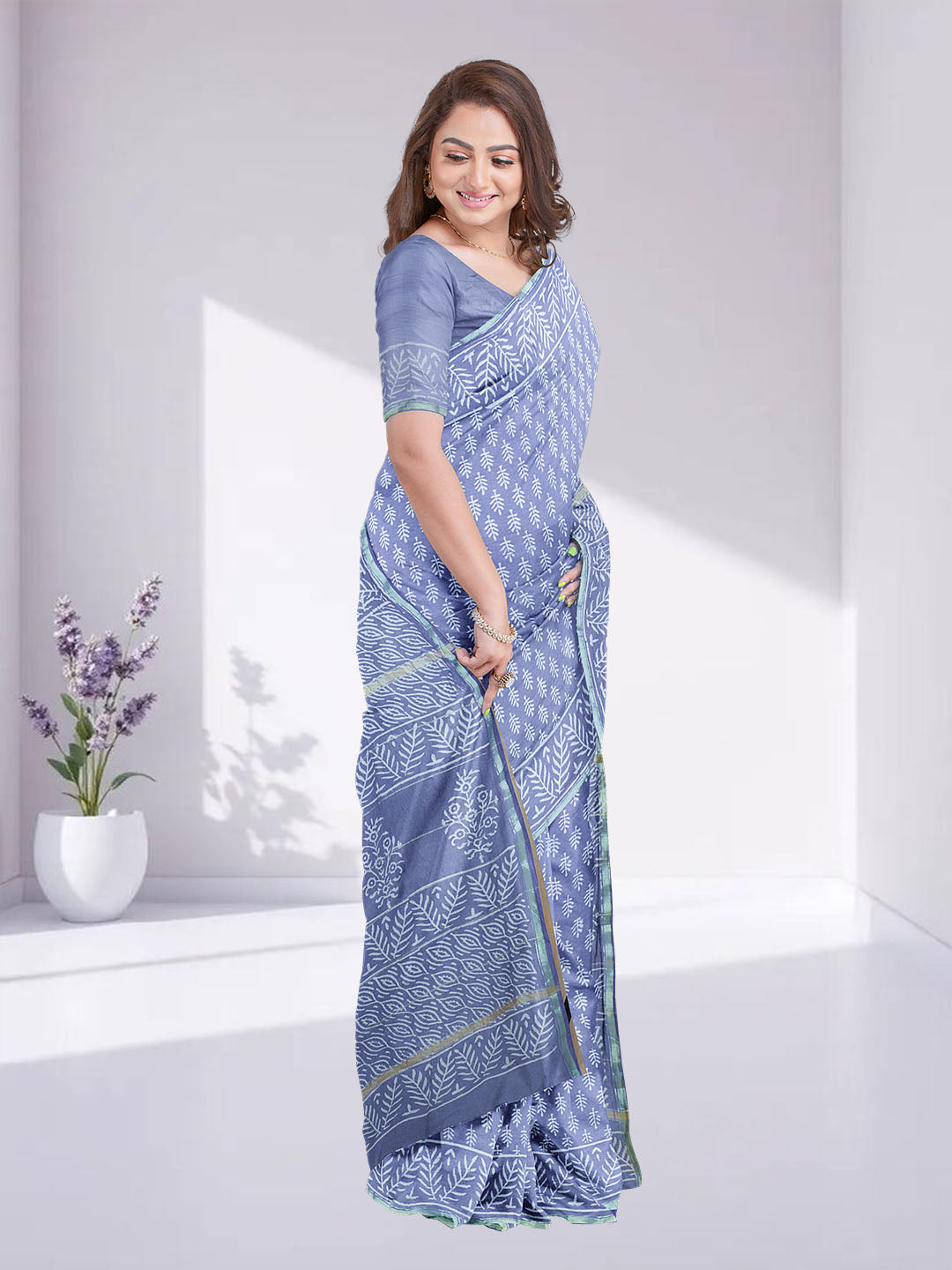 Women Light Blue Semi Chanderi Cotton Printed Saree SC70