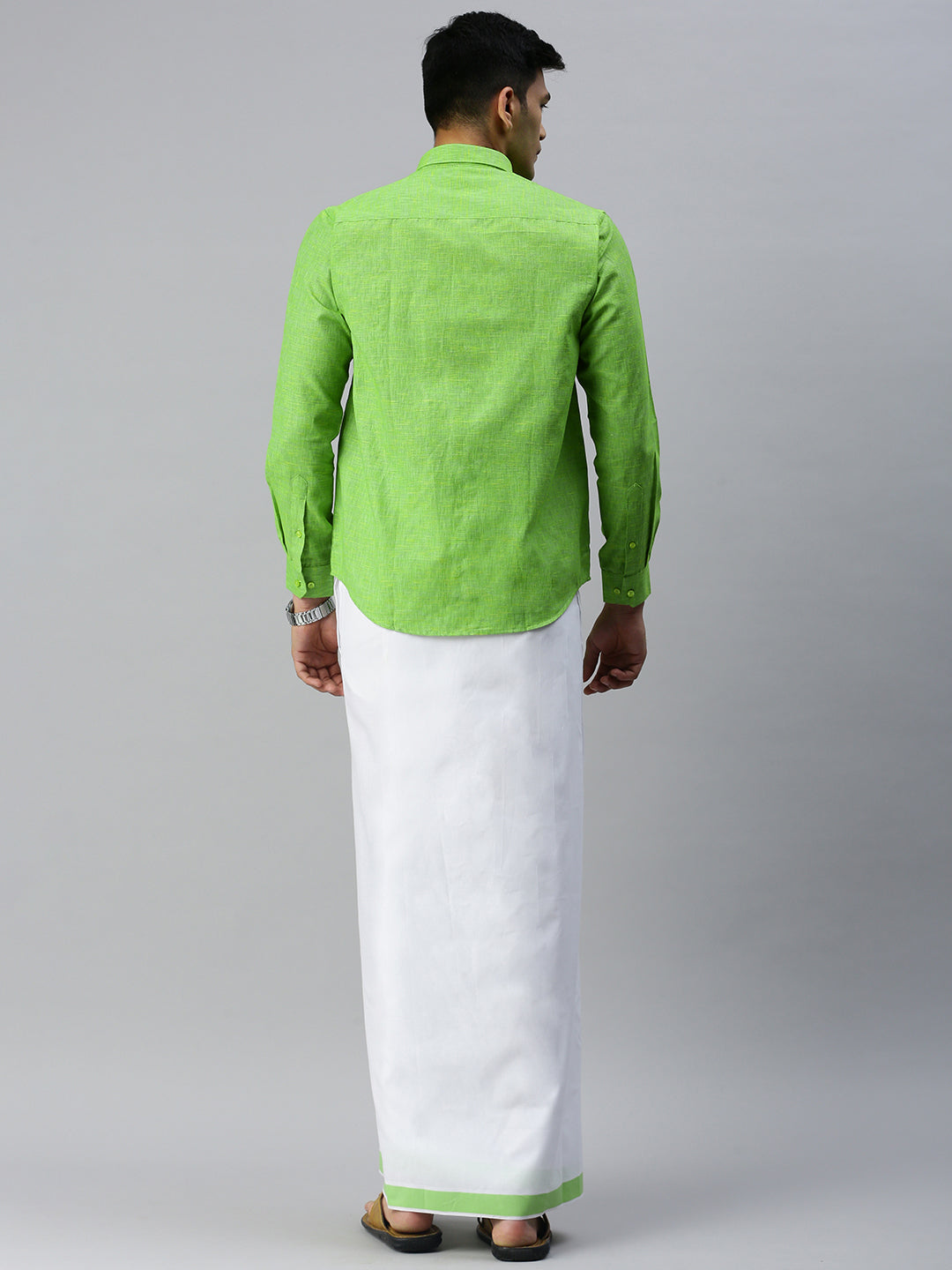 Mens Matching Border Adjustable Dhoti & Full Sleeves Shirt Set Green CC6-Back view