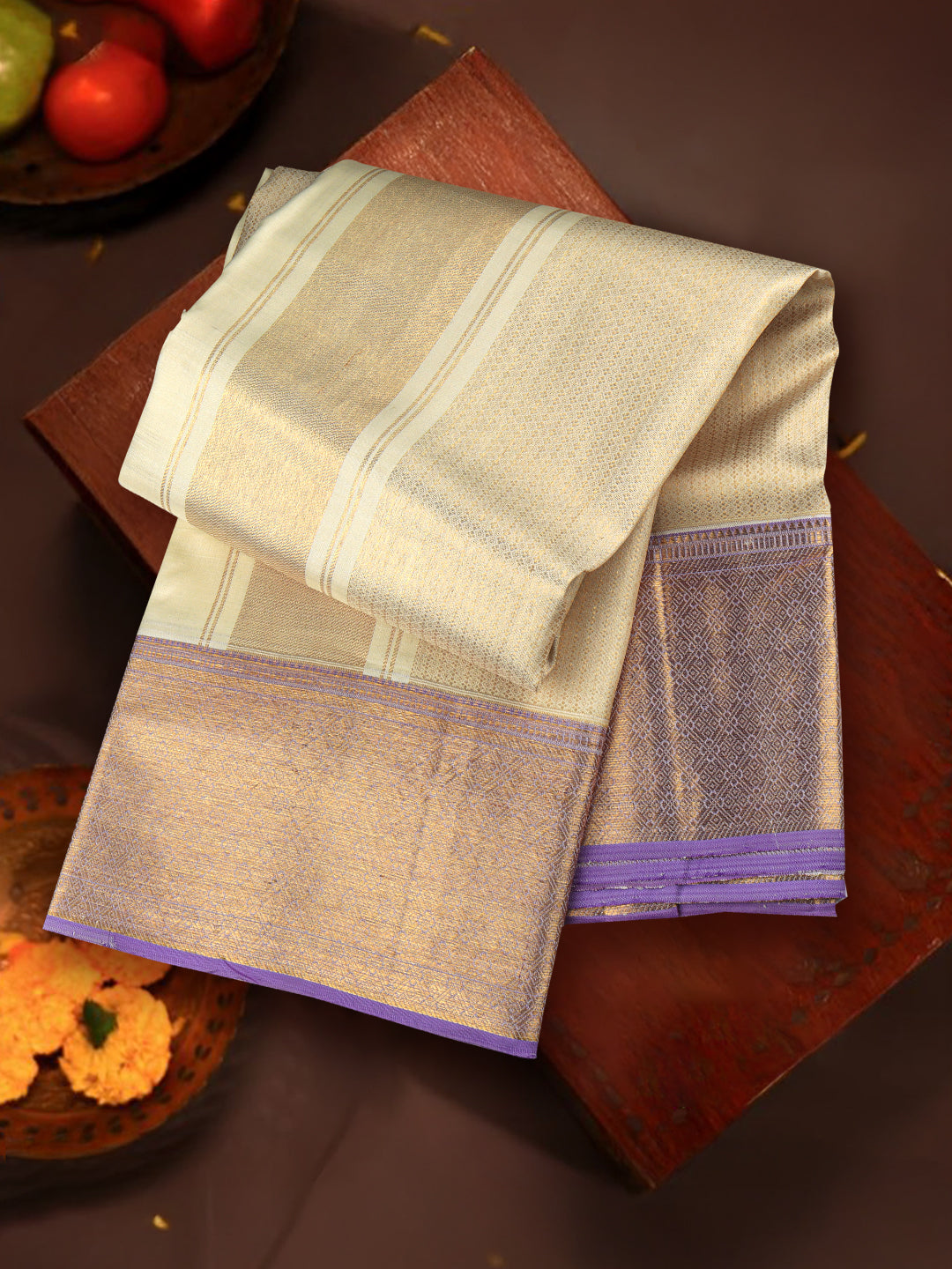 Men Premium Pure Silk Dhoti & Towel Set with 6" inch Gold Jari Border Amirtham AM9
