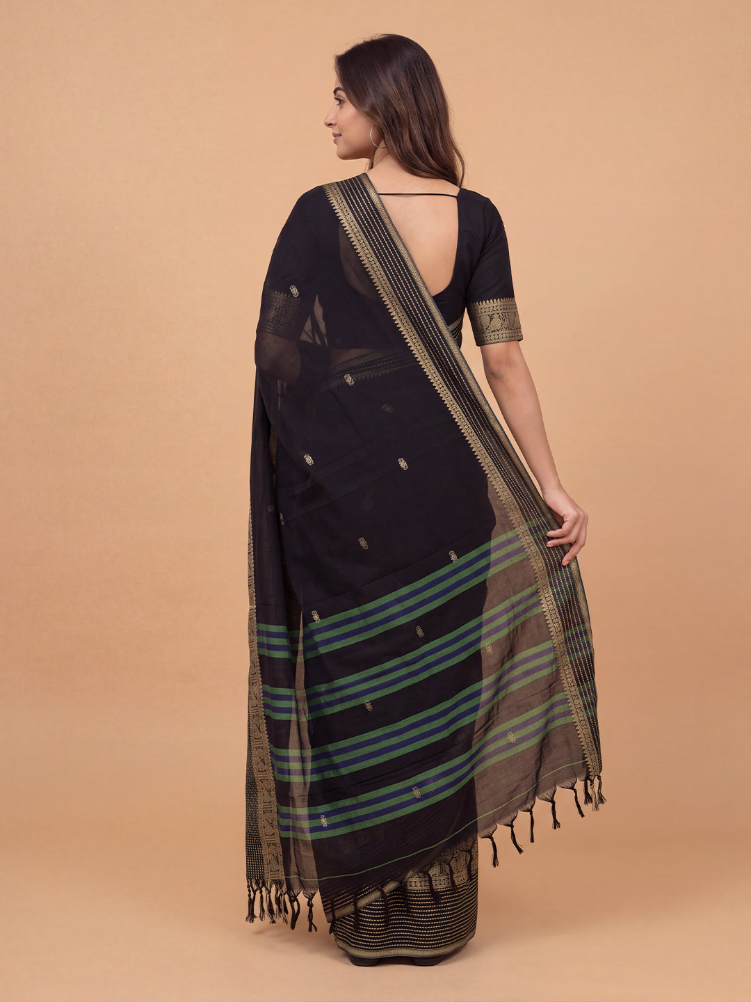Women Mercerised Cotton Black Embroidered Saree PCS296