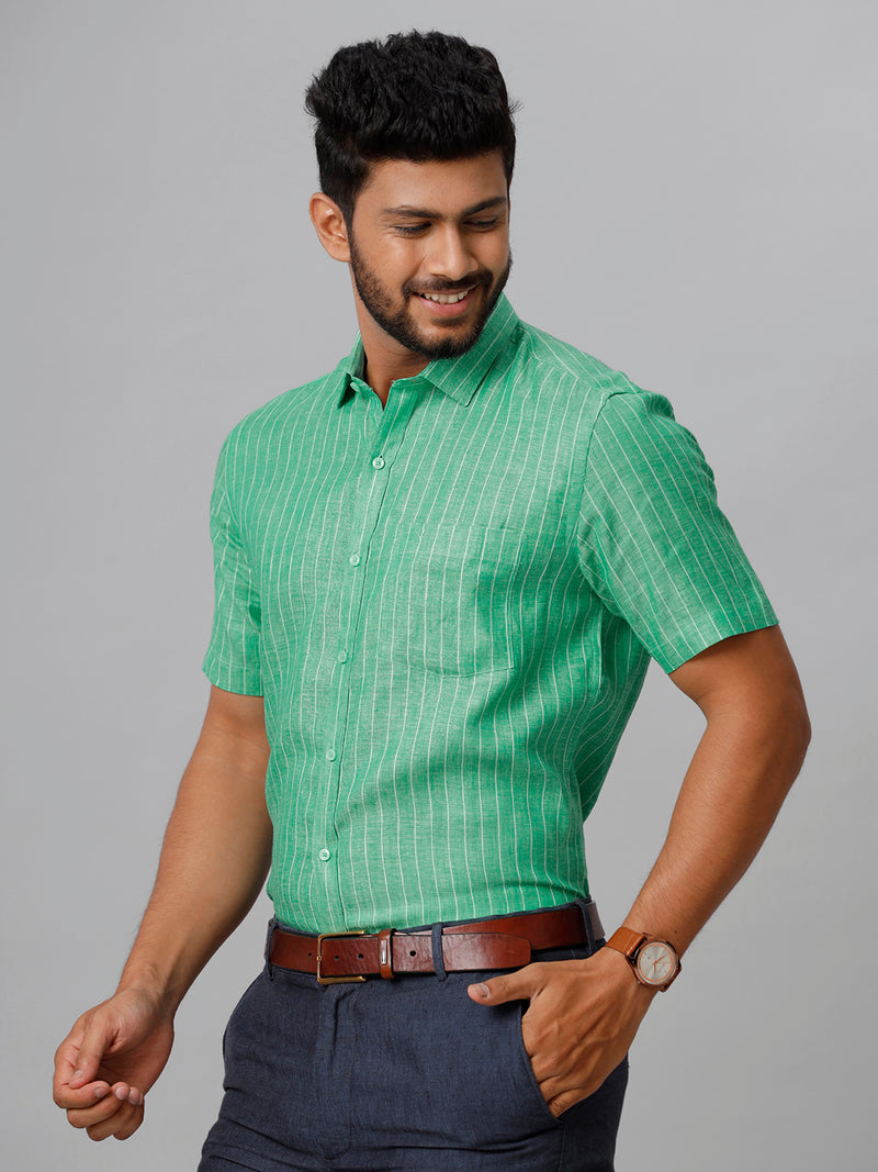 Mens Pure Linen Striped Half Sleeves Green Shirt LS12