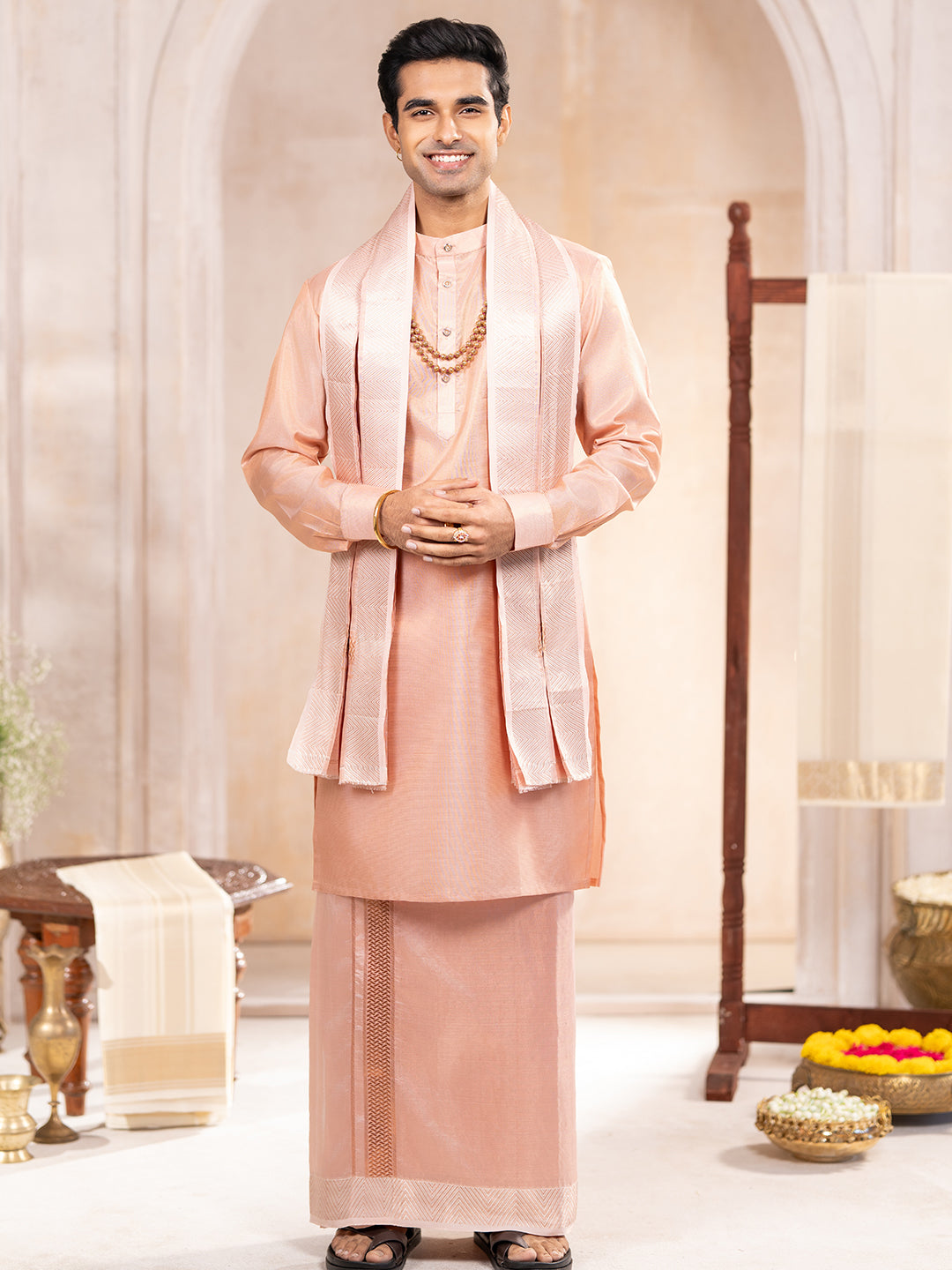 Pure Silk Copper Tissue Weaving Rose Gold Meena Jari Dhoti Shirting & Towel Set with 2½" Jari Border – Rajahamsa