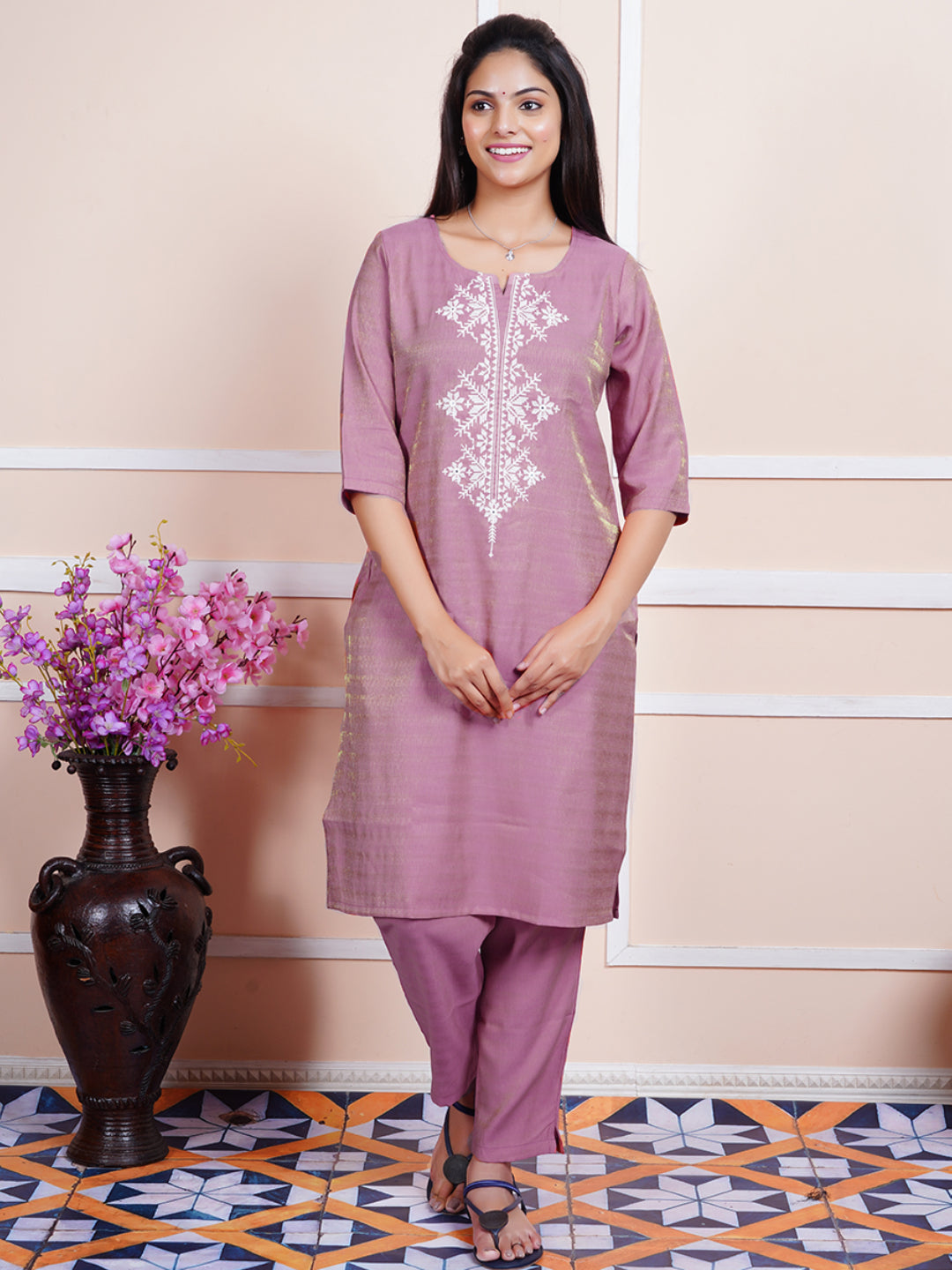 Women Cotton Embroidered Kurti Sets Purple EKS10