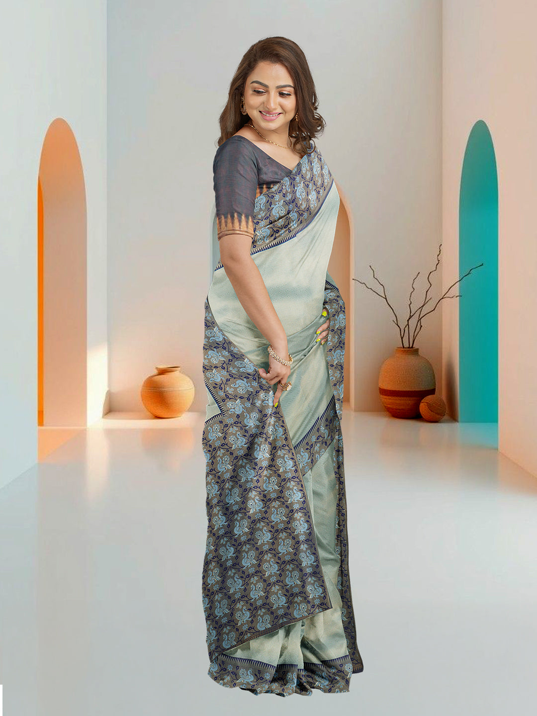 Women Cyan Blue Art Silk Printed Saree ASS73