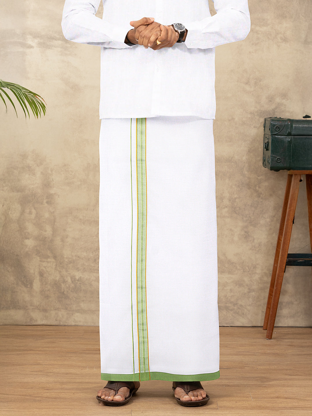 Men Cotton Blend Single Layer White Dhoti with Fancy Jari Border WGF15