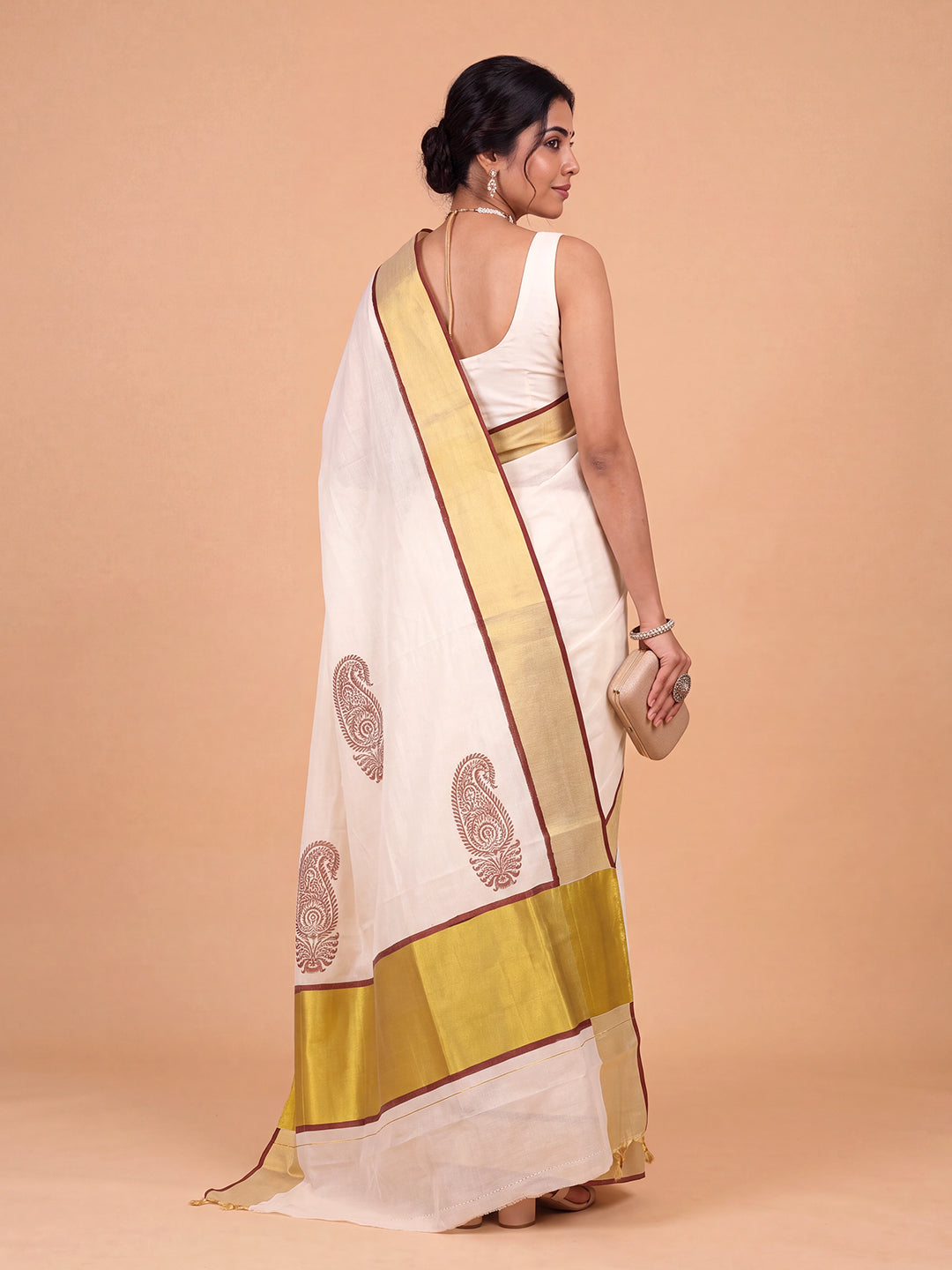 Women Kora Cotton Cream Printed Saree with Gold Jari KLS61