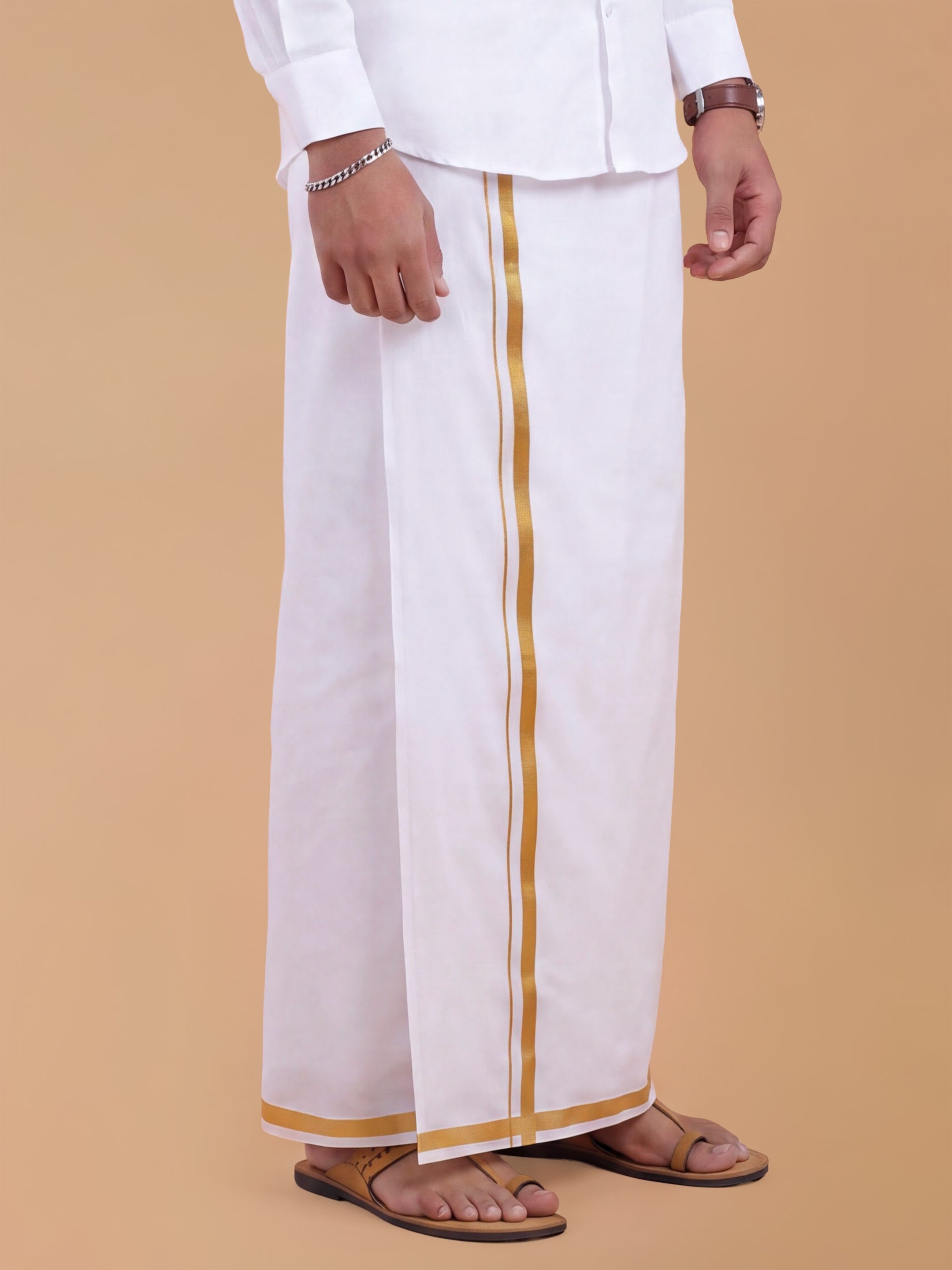 Double Layer 100% Cotton White Dhoti with 3/4 inch Gold Jari Border - Cherry 3.80m