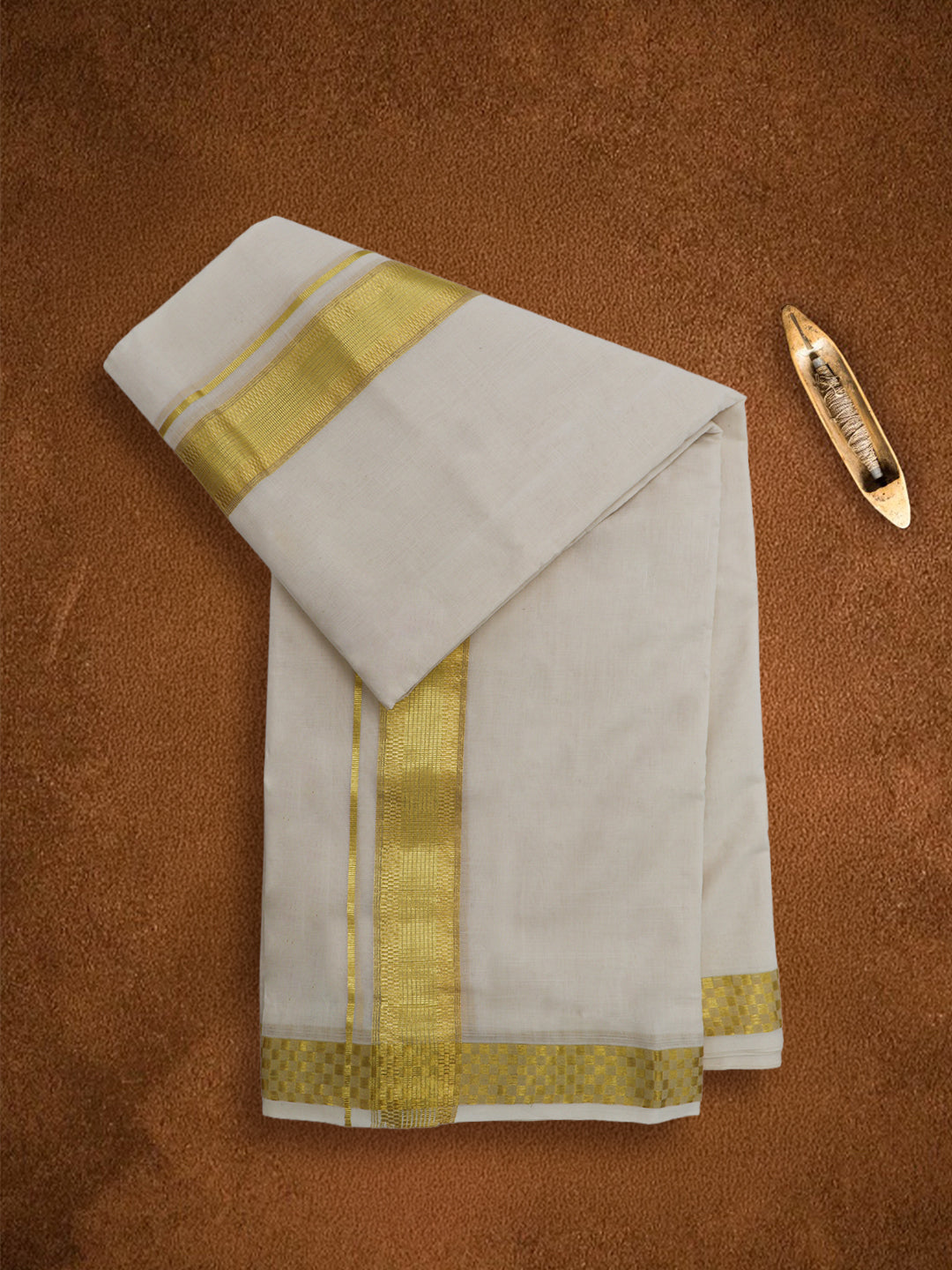 Men Premium Handloom Cream Dhoti with Gold Jari Border HLM98