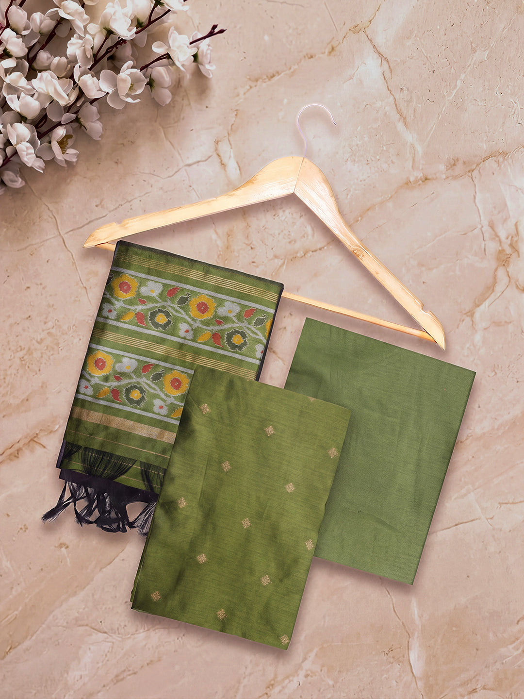 Women Semi Tussar Dress Material Green with Black DM368