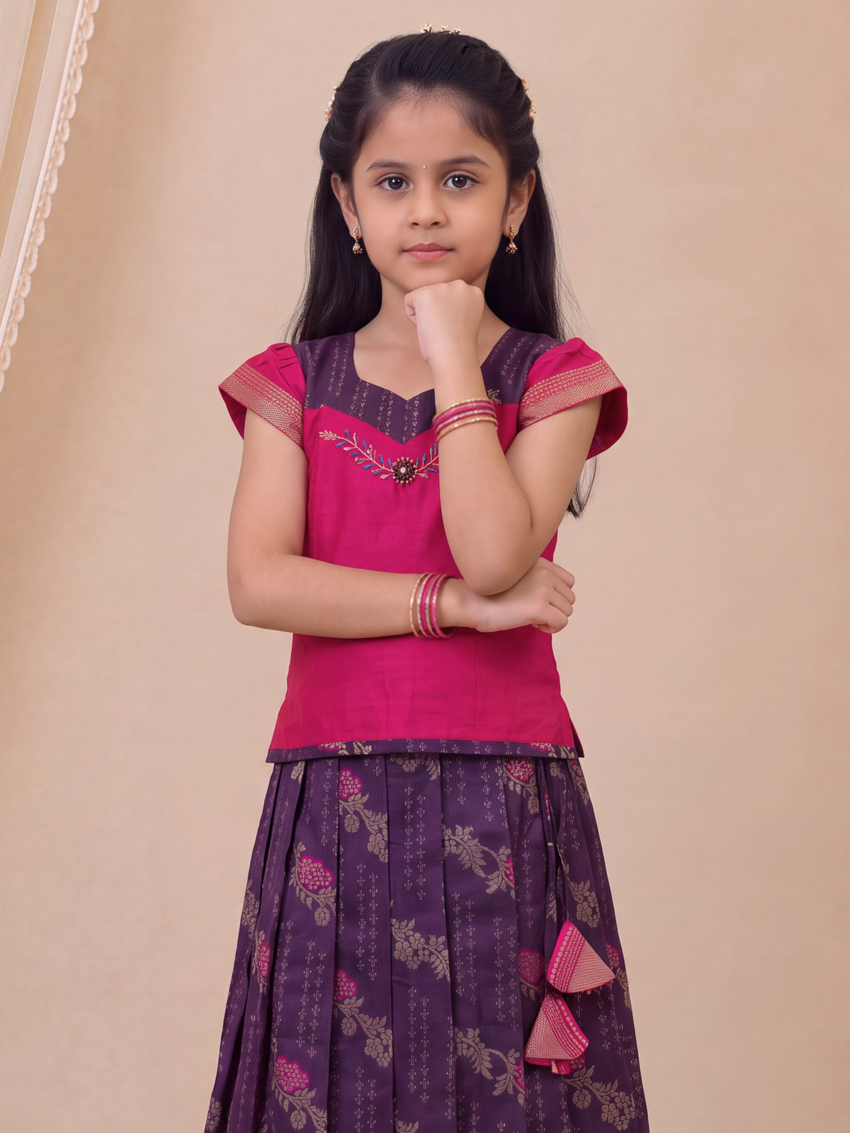 Girls Art Silk Pink with Dark Purple Pattu Pavadai Set GPS75