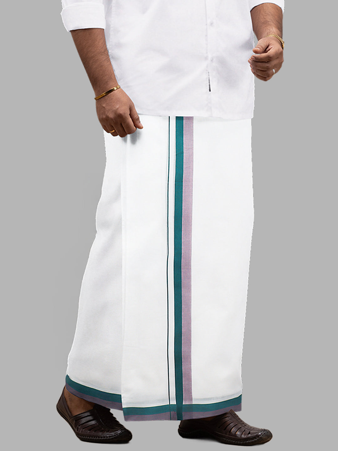 Men Green Fancy Border Double Layer White Dhoti PMF1