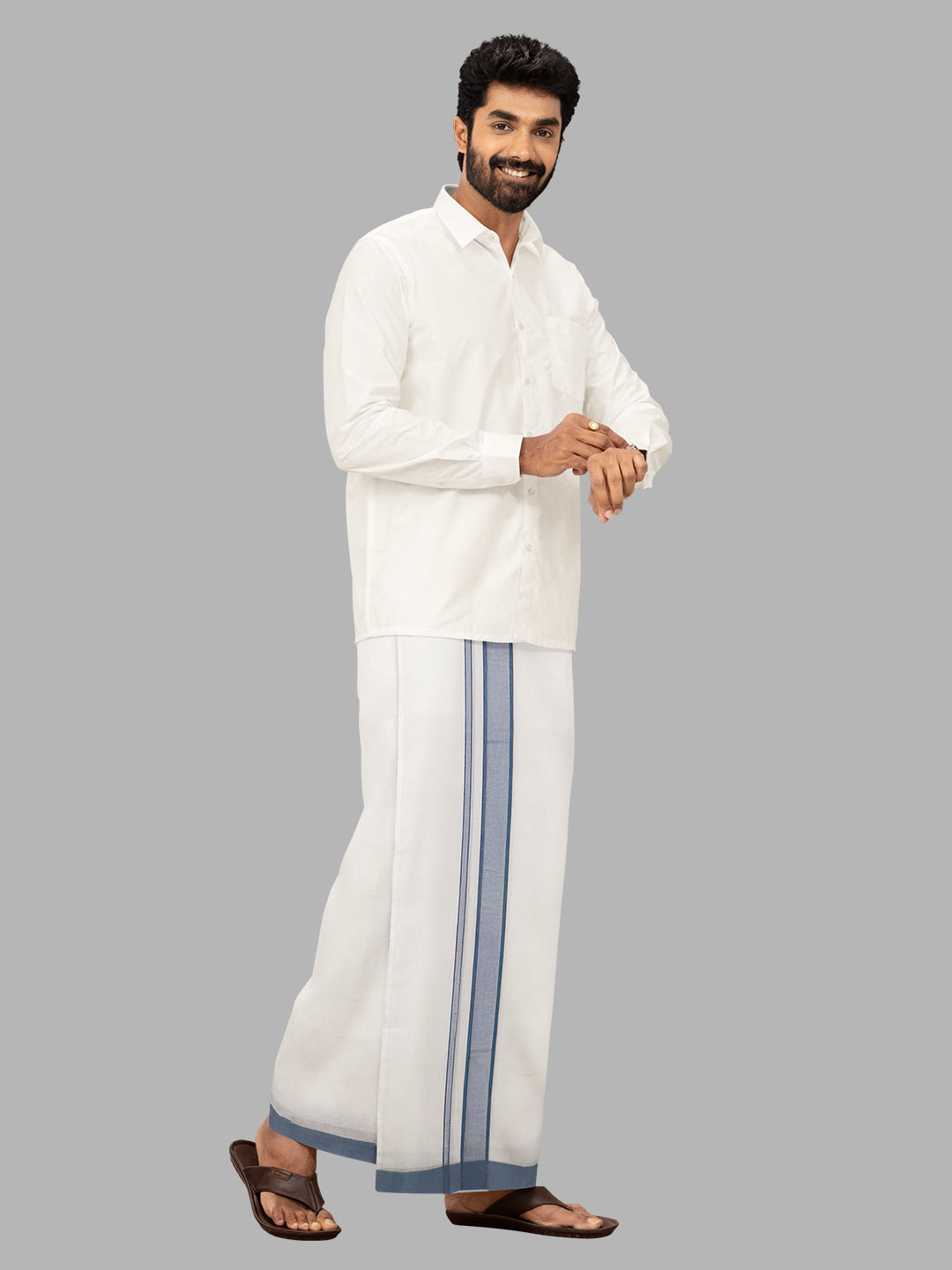 Men LightBlue Fancy Border Double Layer White Dhoti RP5