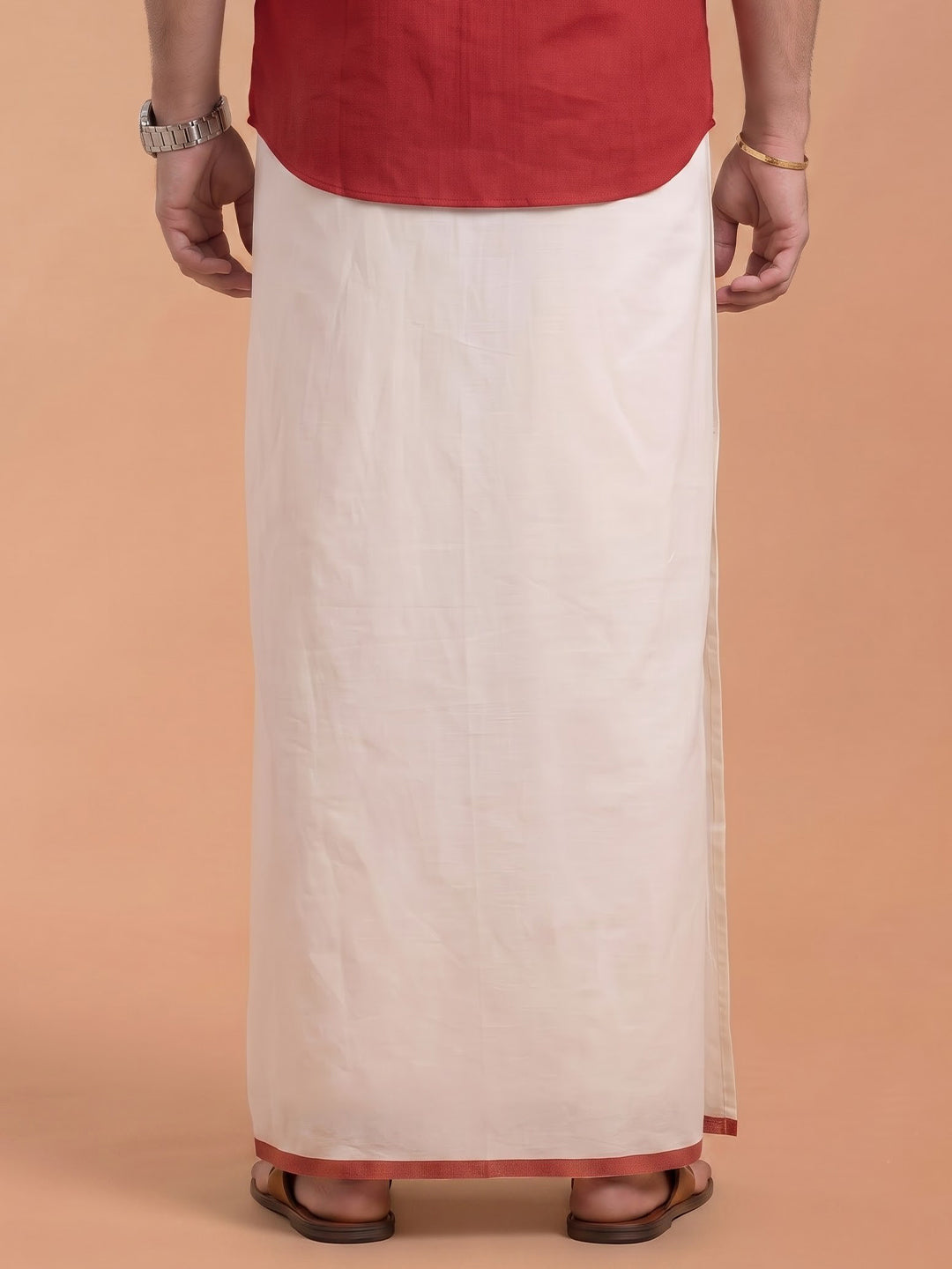 Double Layer 100% Cotton Cream Kora Dhoti with Colour Jari Border - BJK04