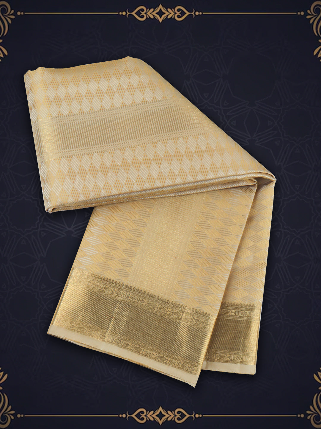 Men Pure Silk Dhoti and Towel Set with 3" Gold Jari Border Virutcham