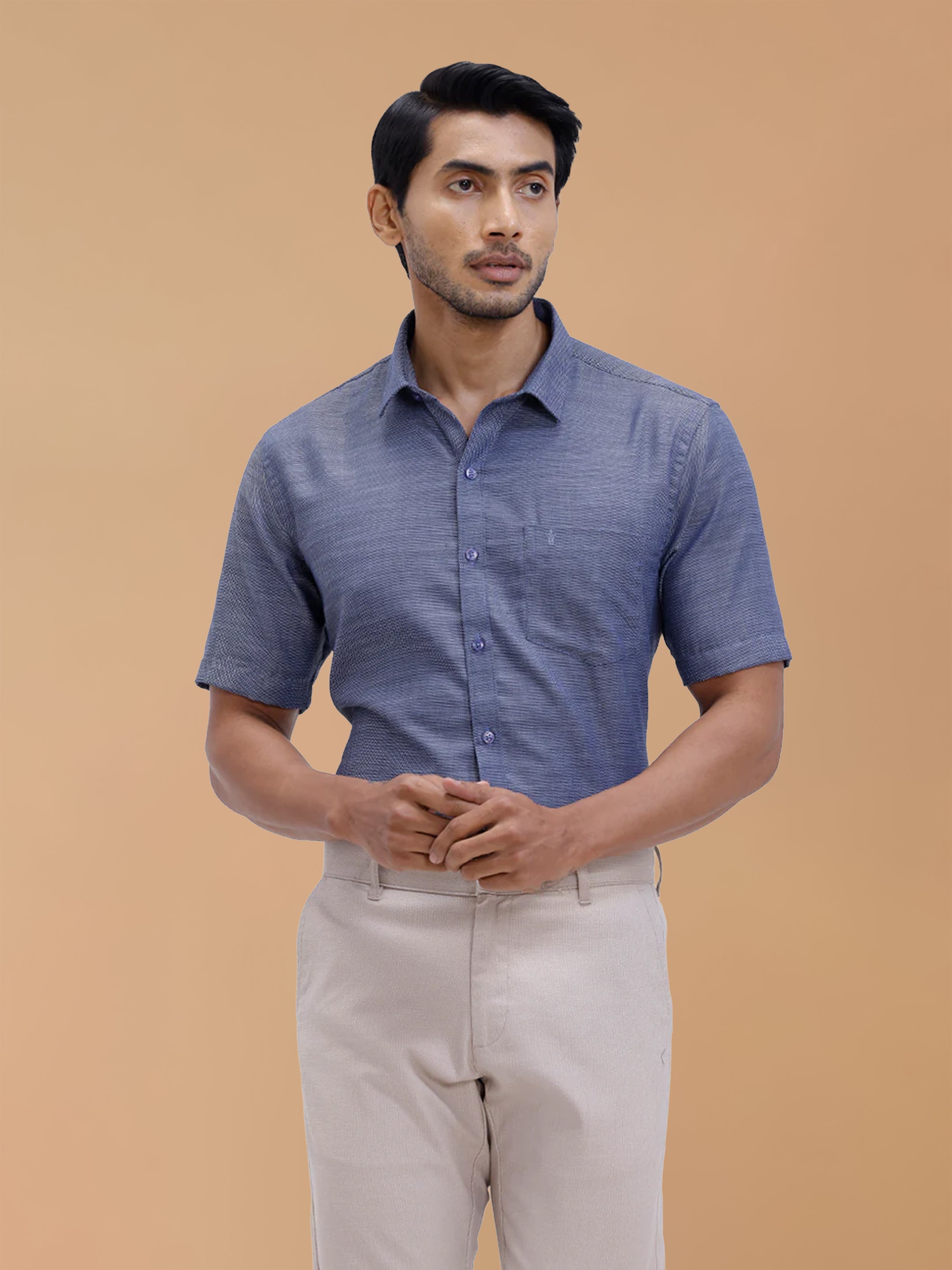 Cotton Rich Blue Dobby Regular Fit Shirt T59 AIT1