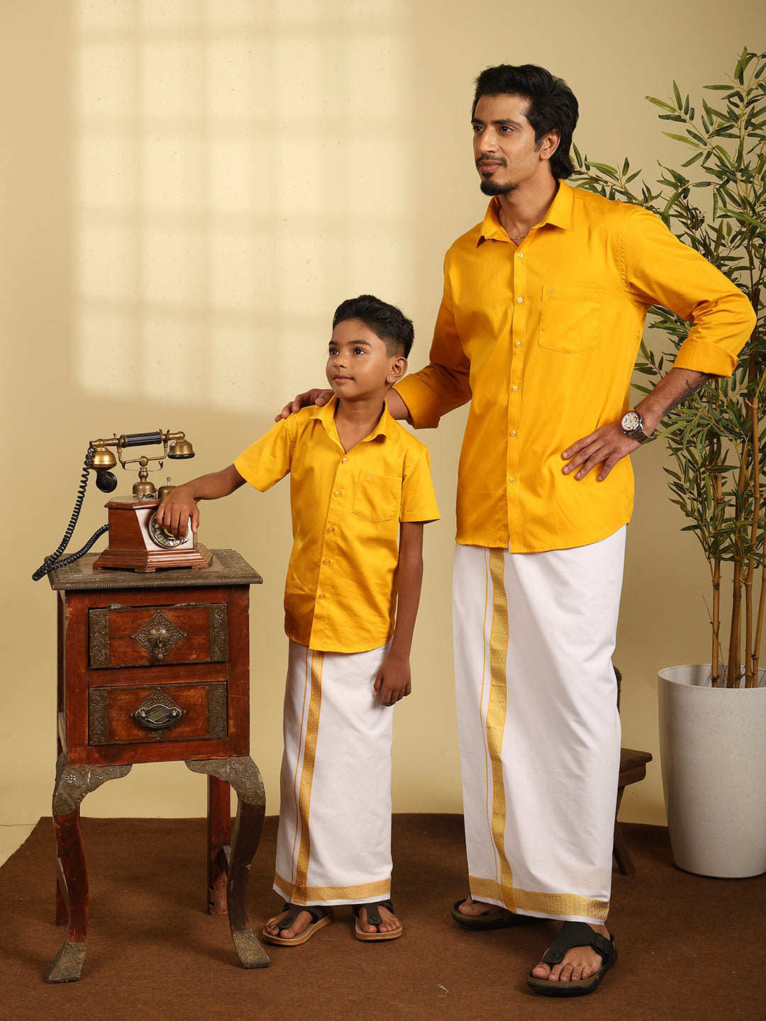 Like Father Like Son Matching Border Dhoti with Shirt Combo Set Orange BT4