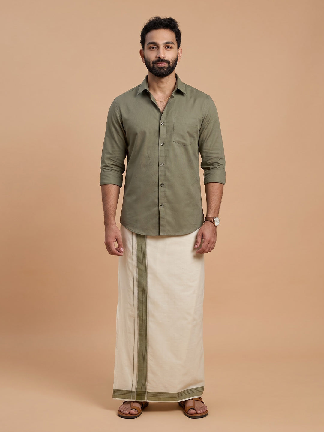 Double Layer Premium Handloom Cream Dhoti with Colour Border - HLM122