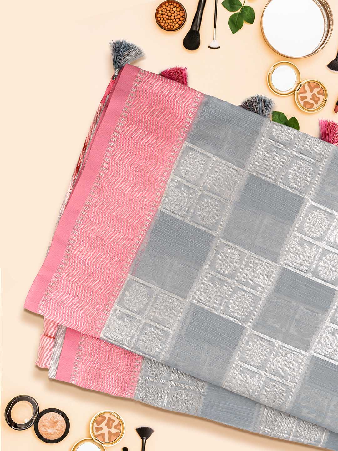 Womens Semi Cotton Grey & Pink Saree with Tussle SCS36-View two