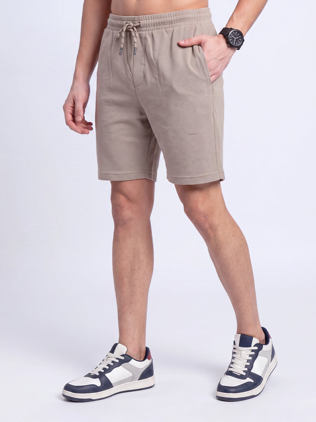 Cotton Rich Popcorn Structured Fabric Beige Shorts PS2