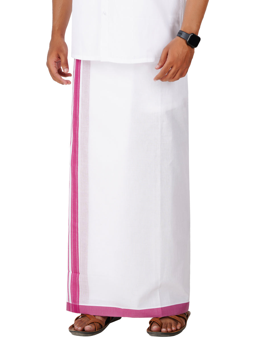 Mens White Double Dhoti with Purple Fancy Border Terra-Side view