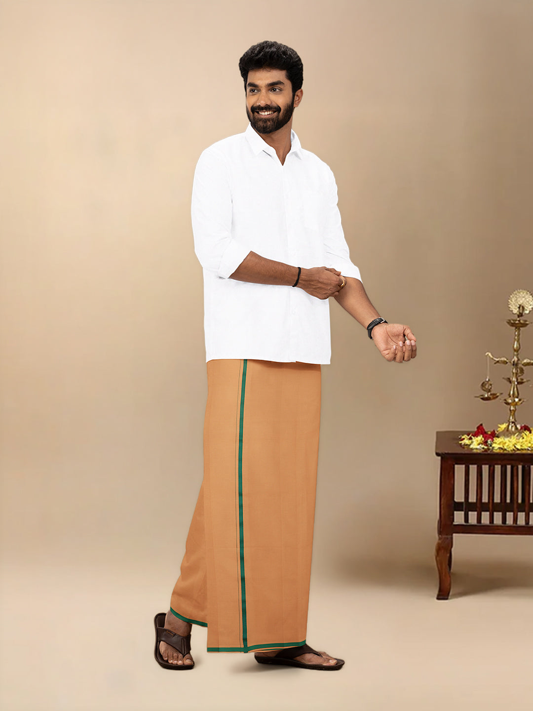 Men Cotton Blend Single Layer Kaavi Dhoti & Towel Set with Green Border Poojan