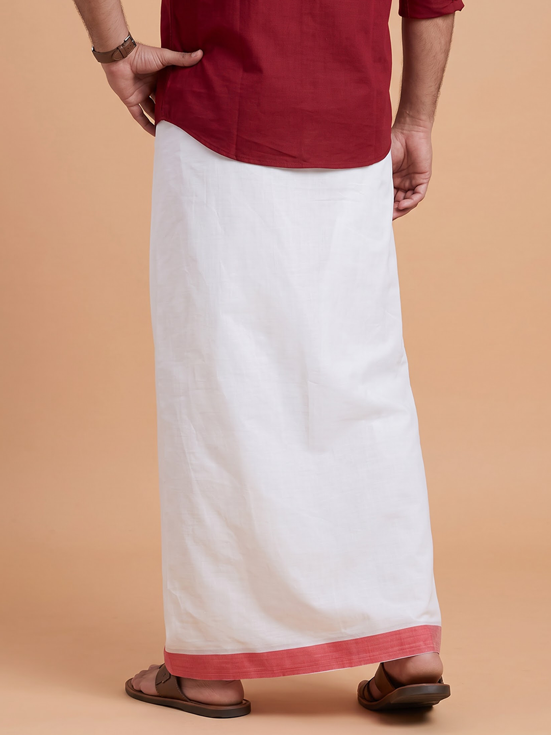 Double Layer 100% Cotton White Dhoti With Colour Jari Border - EJF33