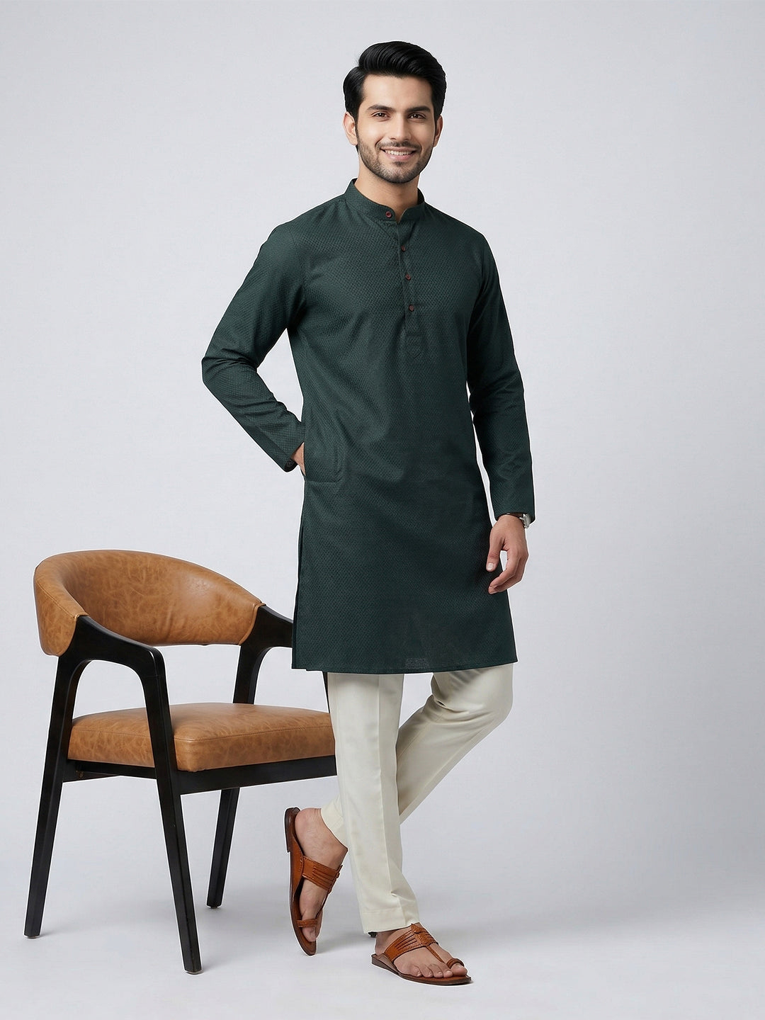 Men Cotton Medium Length Printed Pocket Kurta Bottle Green MHJ8