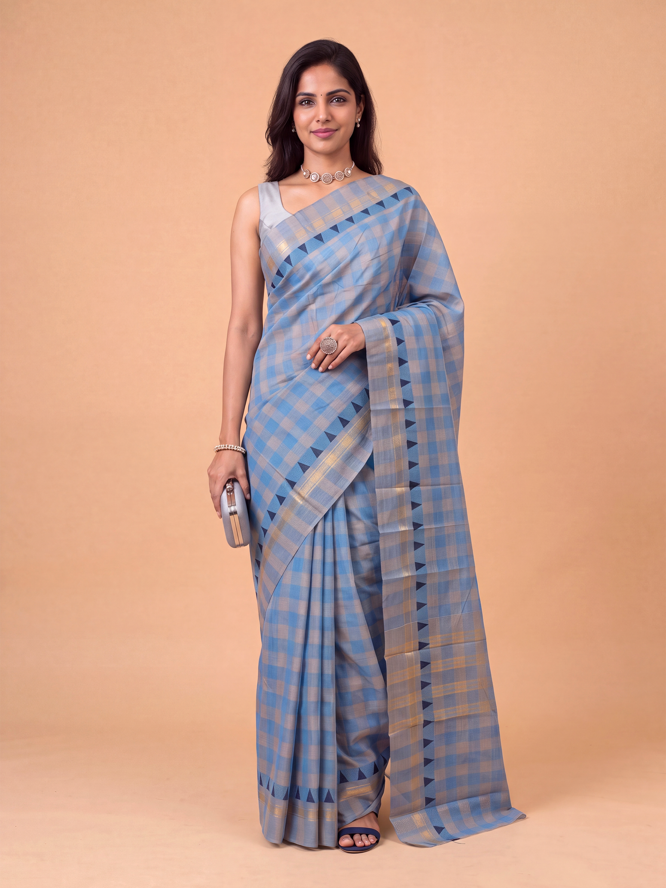 Women Chettinad Cotton Blue Saree CCS04