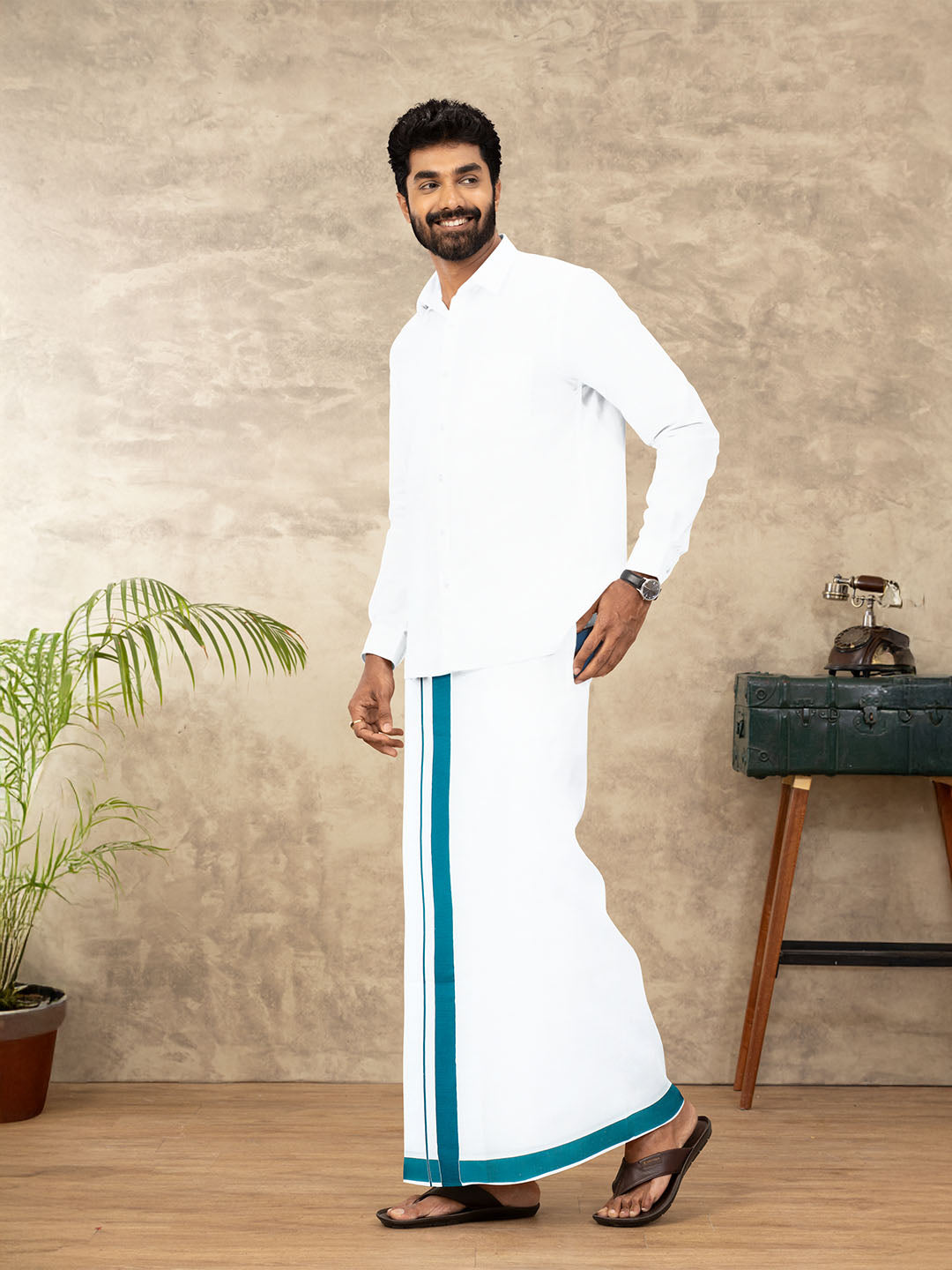 Men Cotton Blend Readymade Single Layer White Dhoti with Big Border GACS12